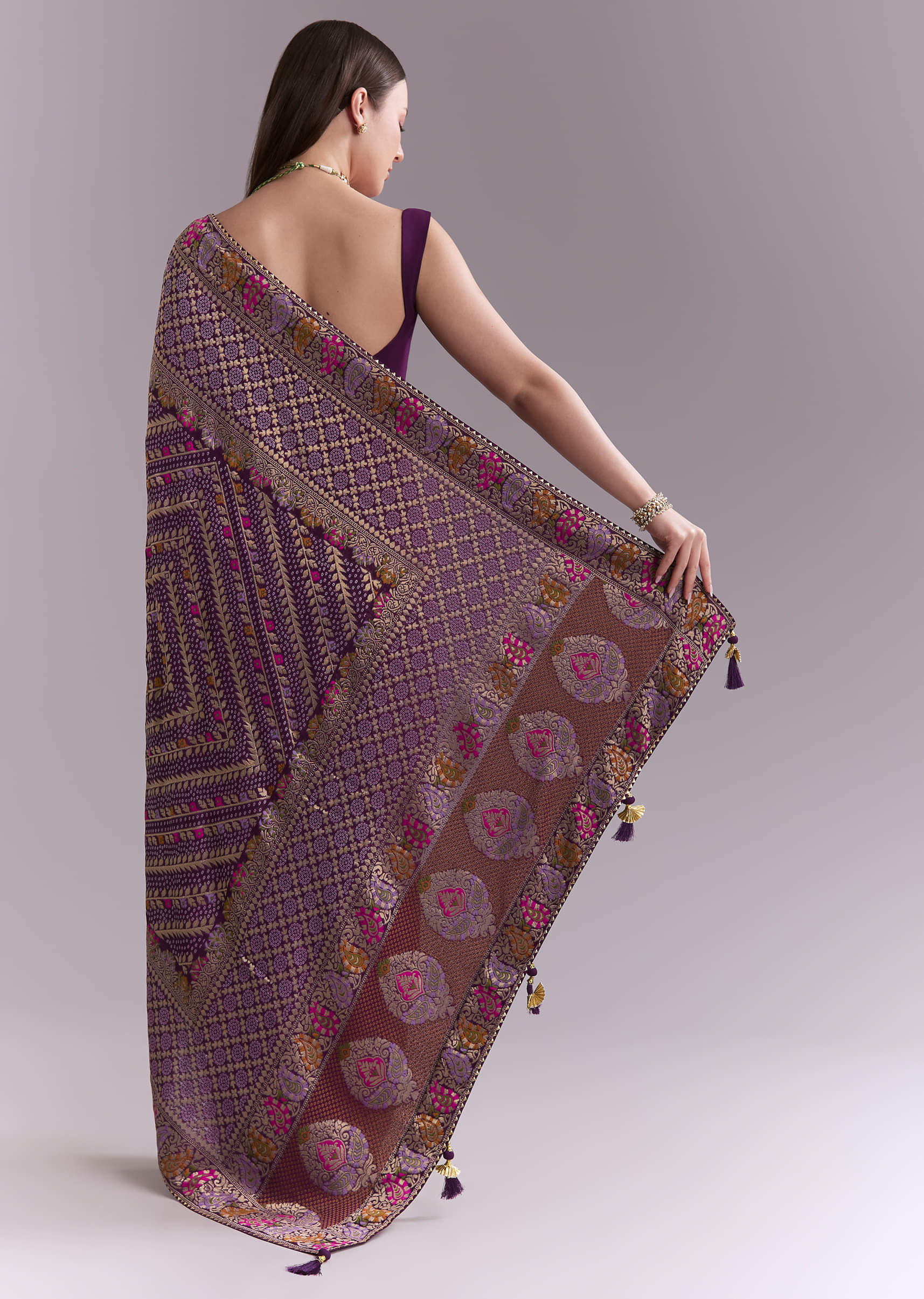 Purple Georgette Saree With Heavy Zari Work And Brocade Border - Image 4