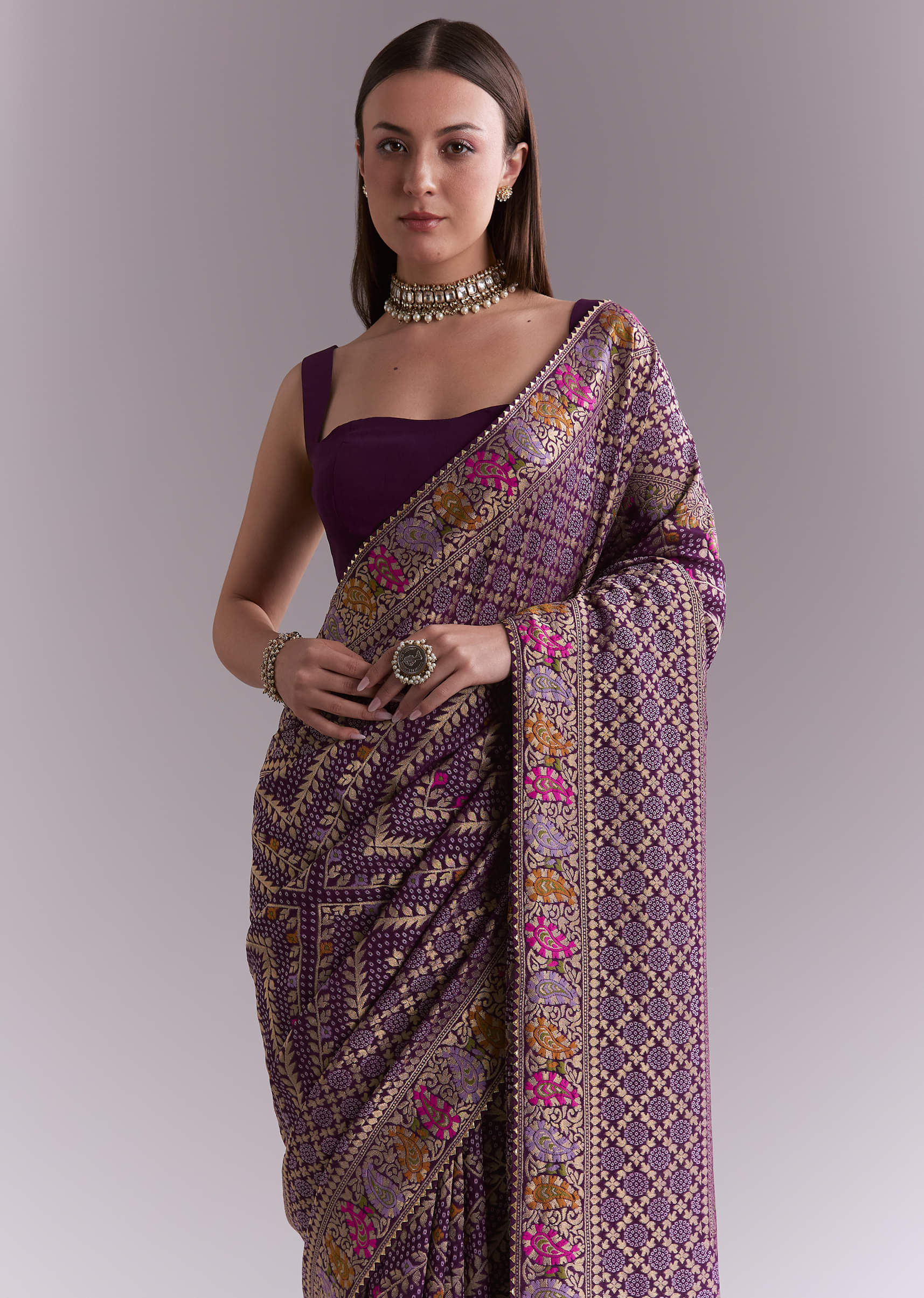 Purple Georgette Saree With Heavy Zari Work And Brocade Border - Image 5