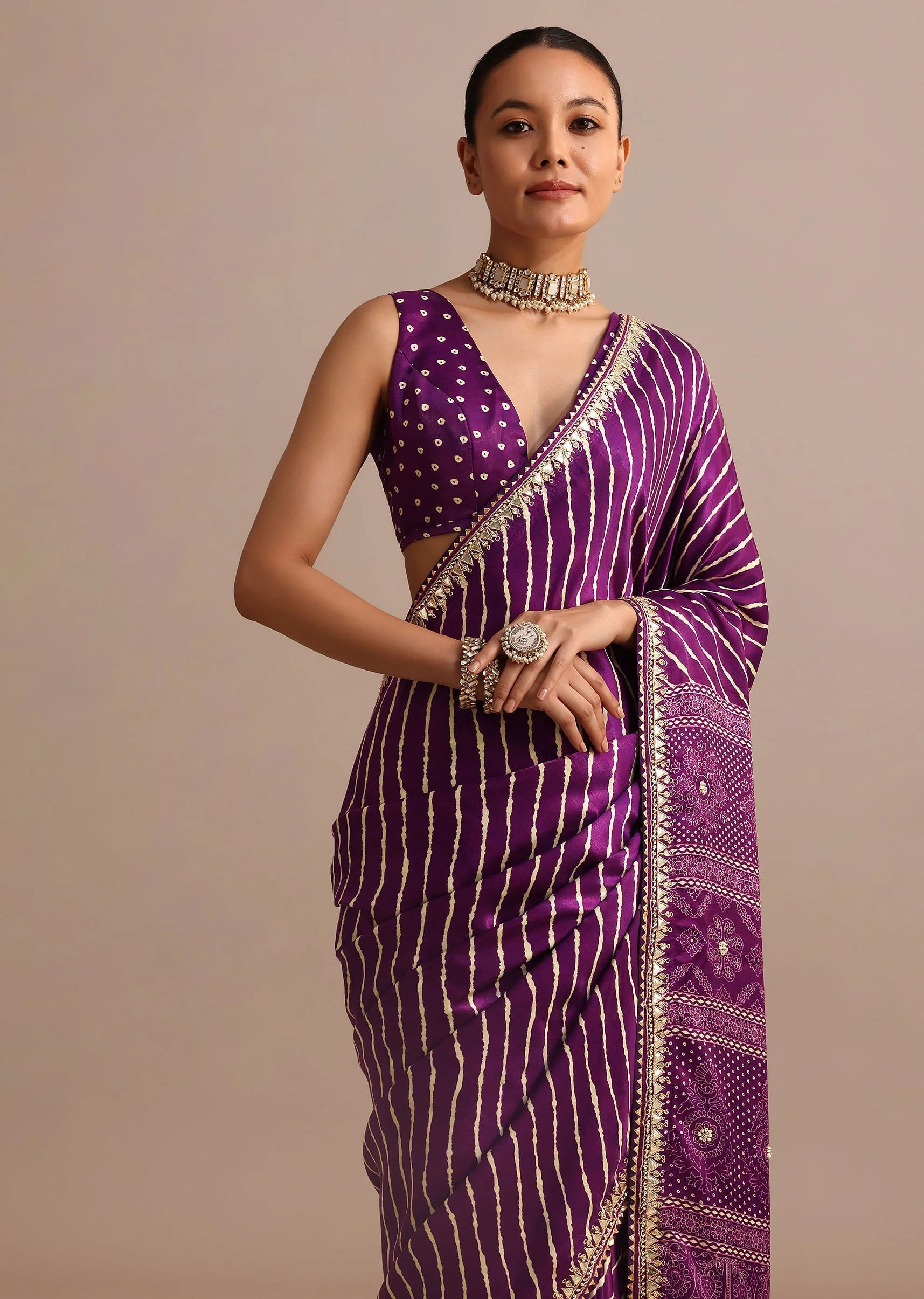 Purple Hand Dyed Lehriya Satin Saree With Gota Patti Work - Image 2