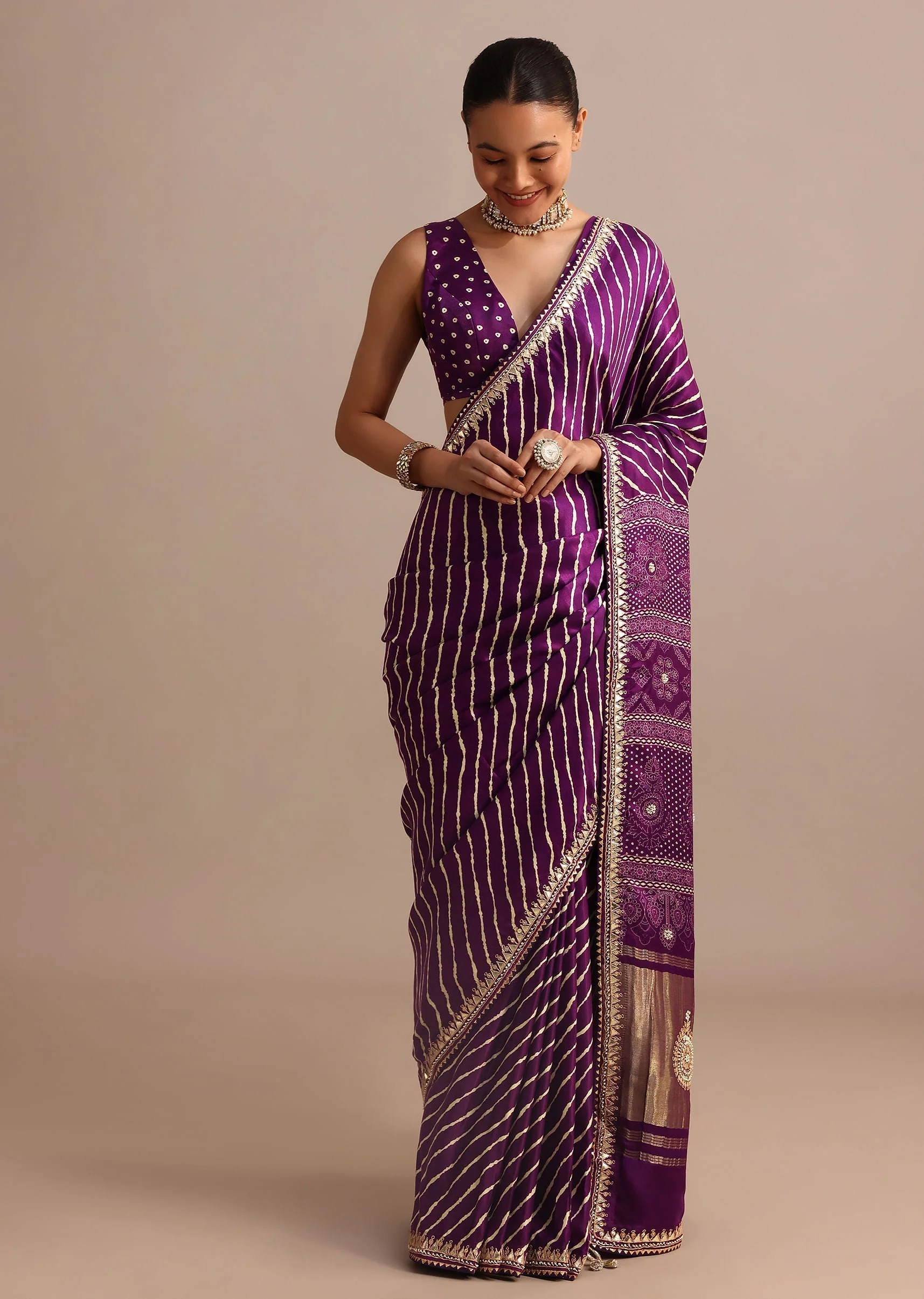 Purple Hand Dyed Lehriya Satin Saree With Gota Patti Work - Image 3