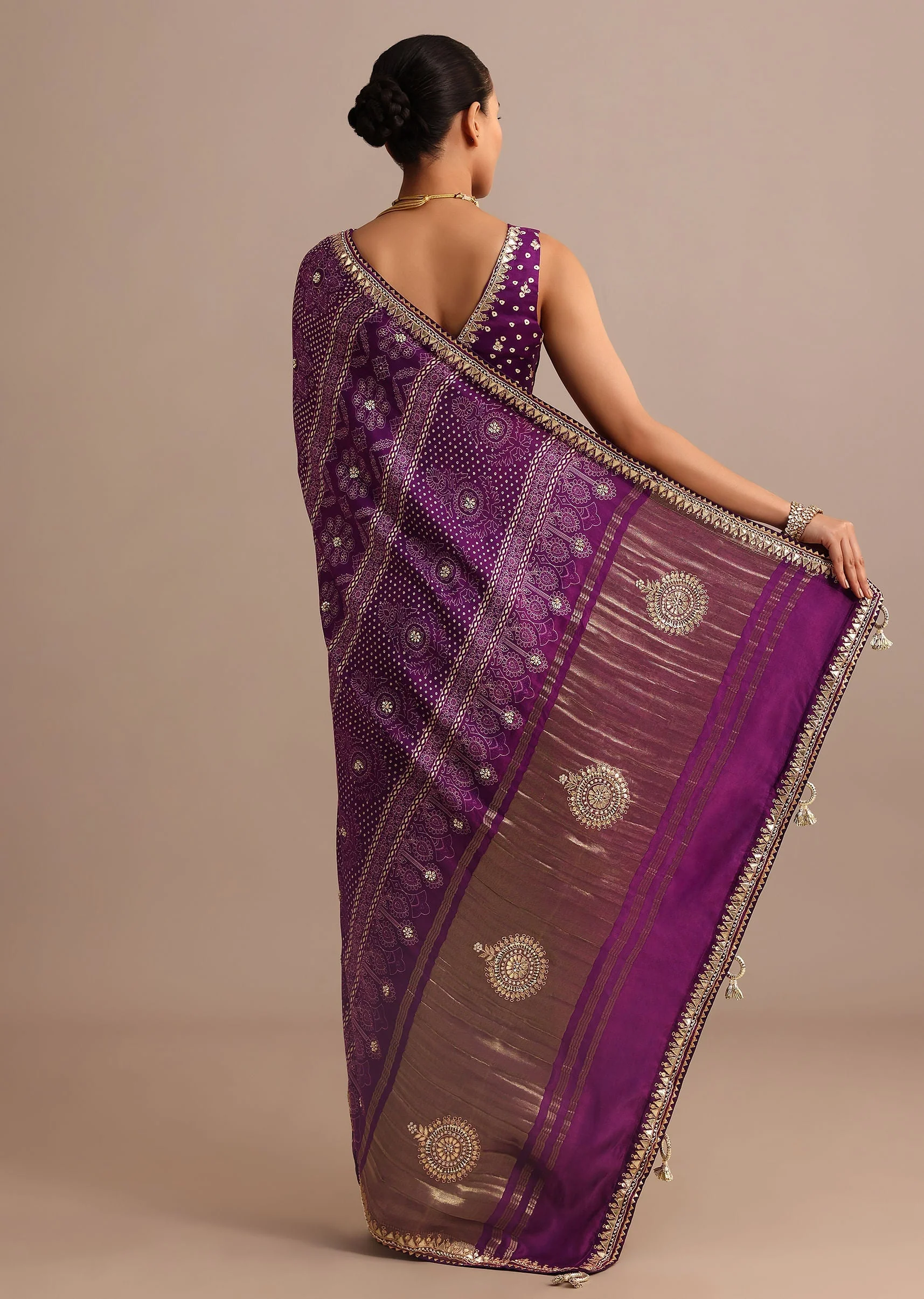 Purple Hand Dyed Lehriya Satin Saree With Gota Patti Work - Image 4