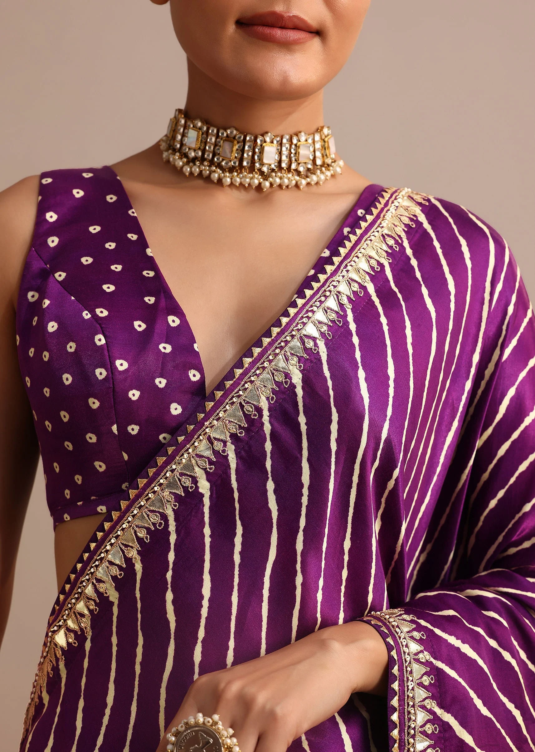 Purple Hand Dyed Lehriya Satin Saree With Gota Patti Work - Image 5