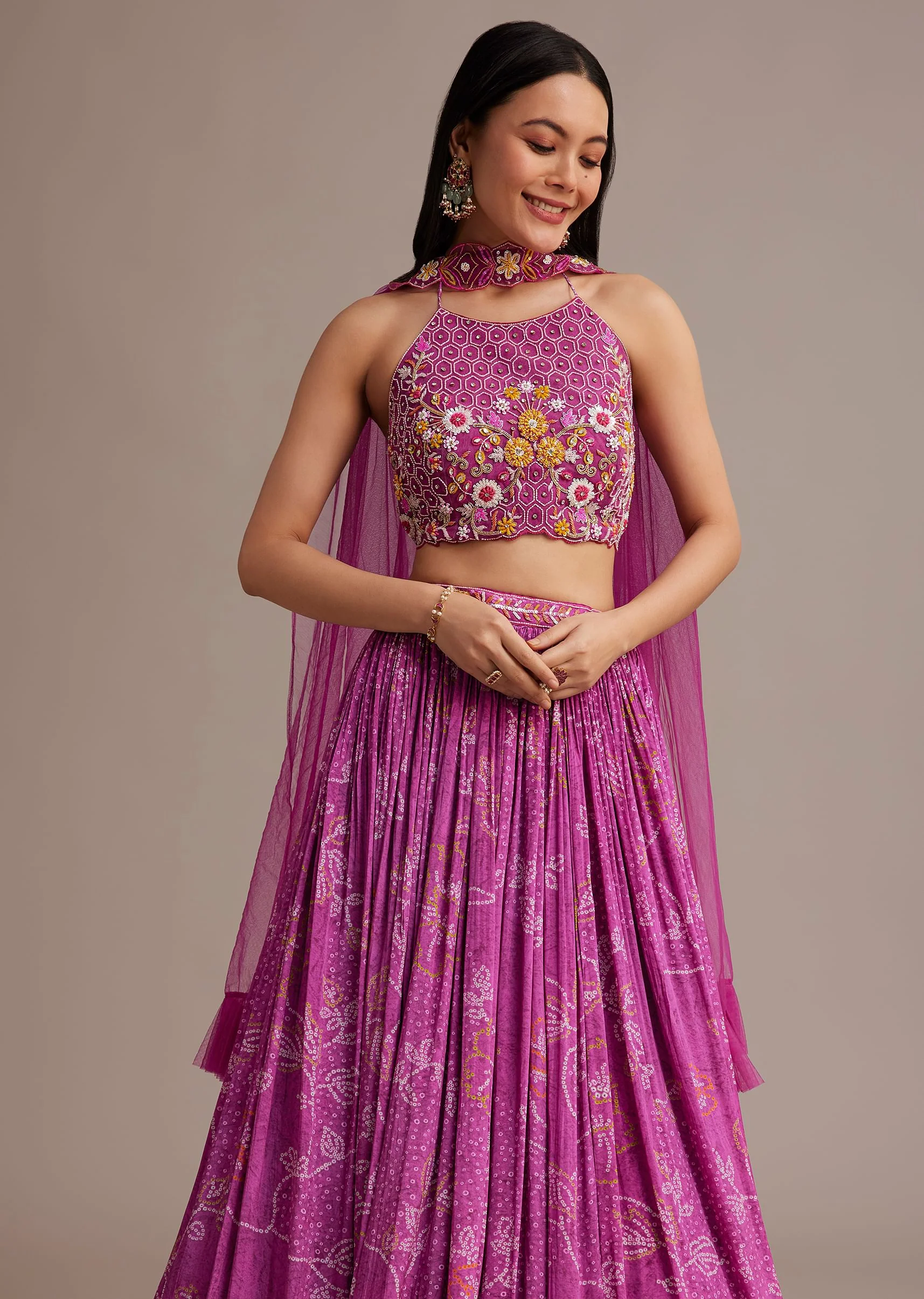 Purple Hand Embroidered Choli With Bandhani Print Lehenga And Choker Net Dupatta - Image 2