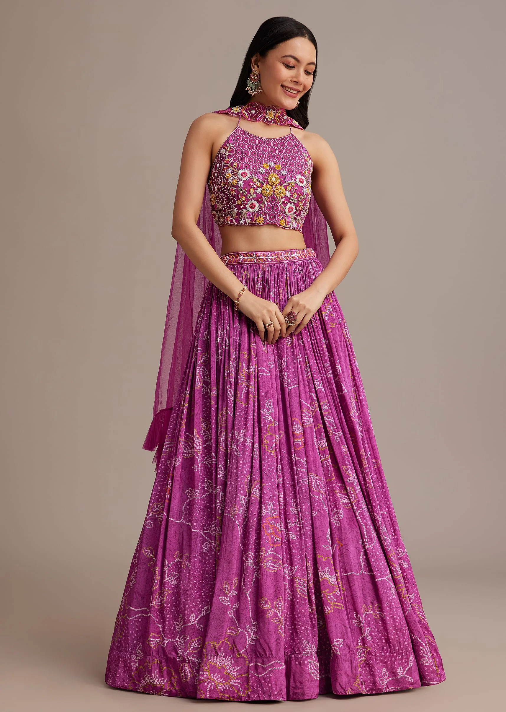 Purple Hand Embroidered Choli With Bandhani Print Lehenga And Choker Net Dupatta - Image 3