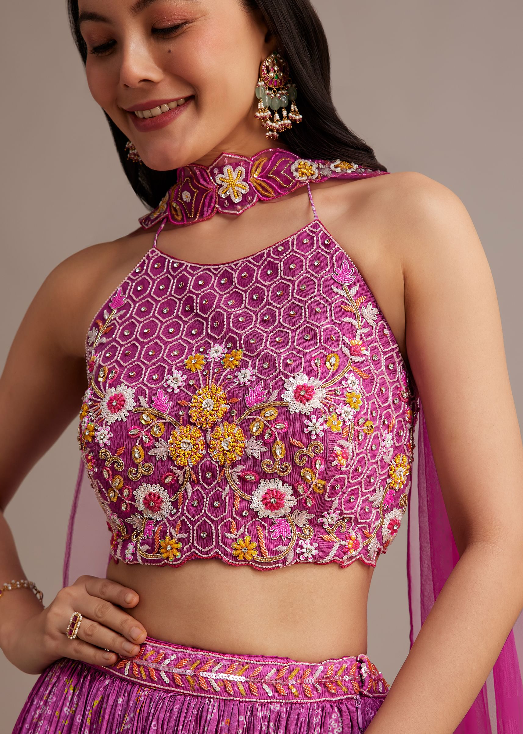 Purple Hand Embroidered Choli With Bandhani Print Lehenga And Choker Net Dupatta - Image 4