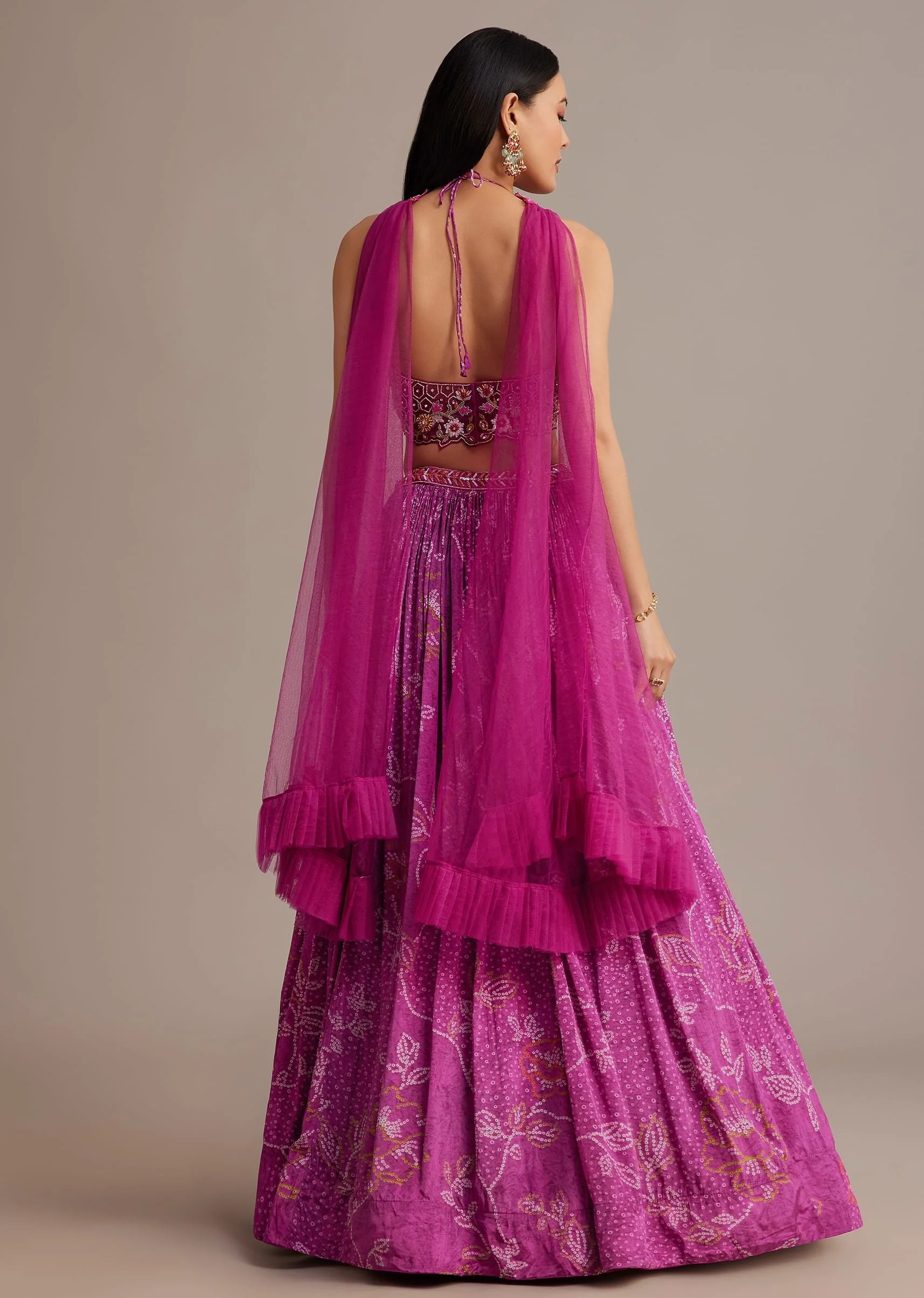 Purple Hand Embroidered Choli With Bandhani Print Lehenga And Choker Net Dupatta - Image 5