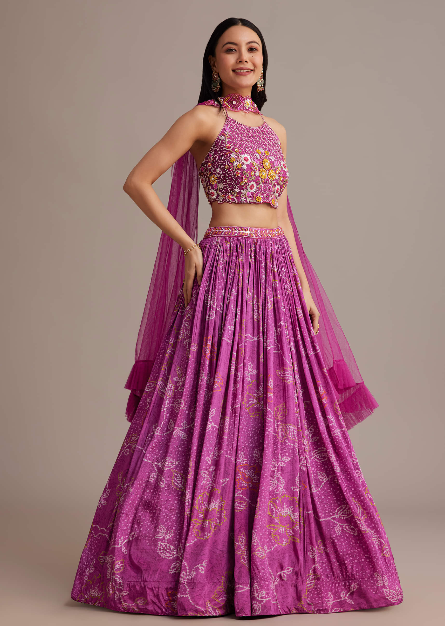 Purple Hand Embroidered Choli With Bandhani Print Lehenga And Choker Net Dupatta - Image 6