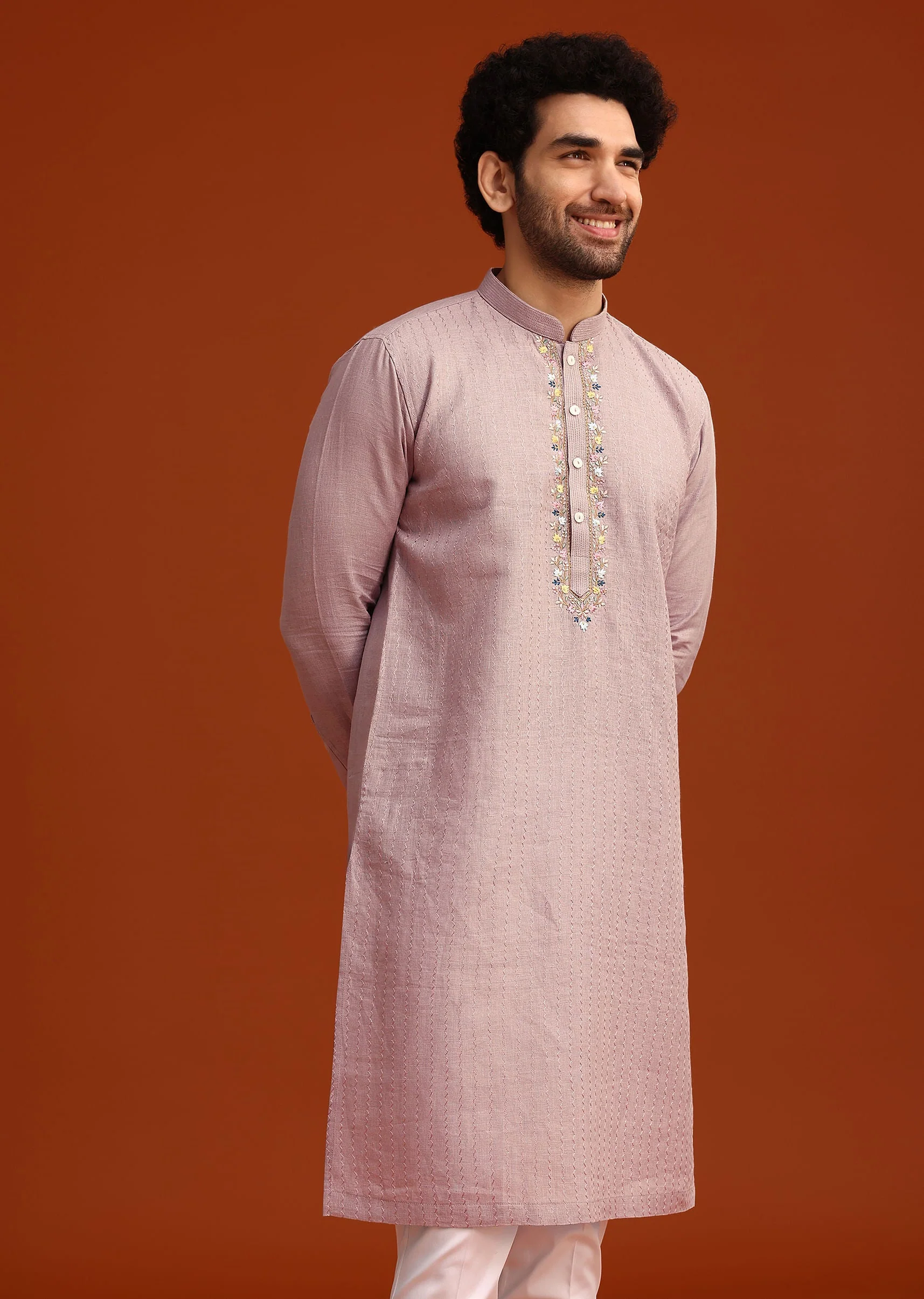 Purple Hand Embroidered Kurta And Pant Set In Linen - Image 3