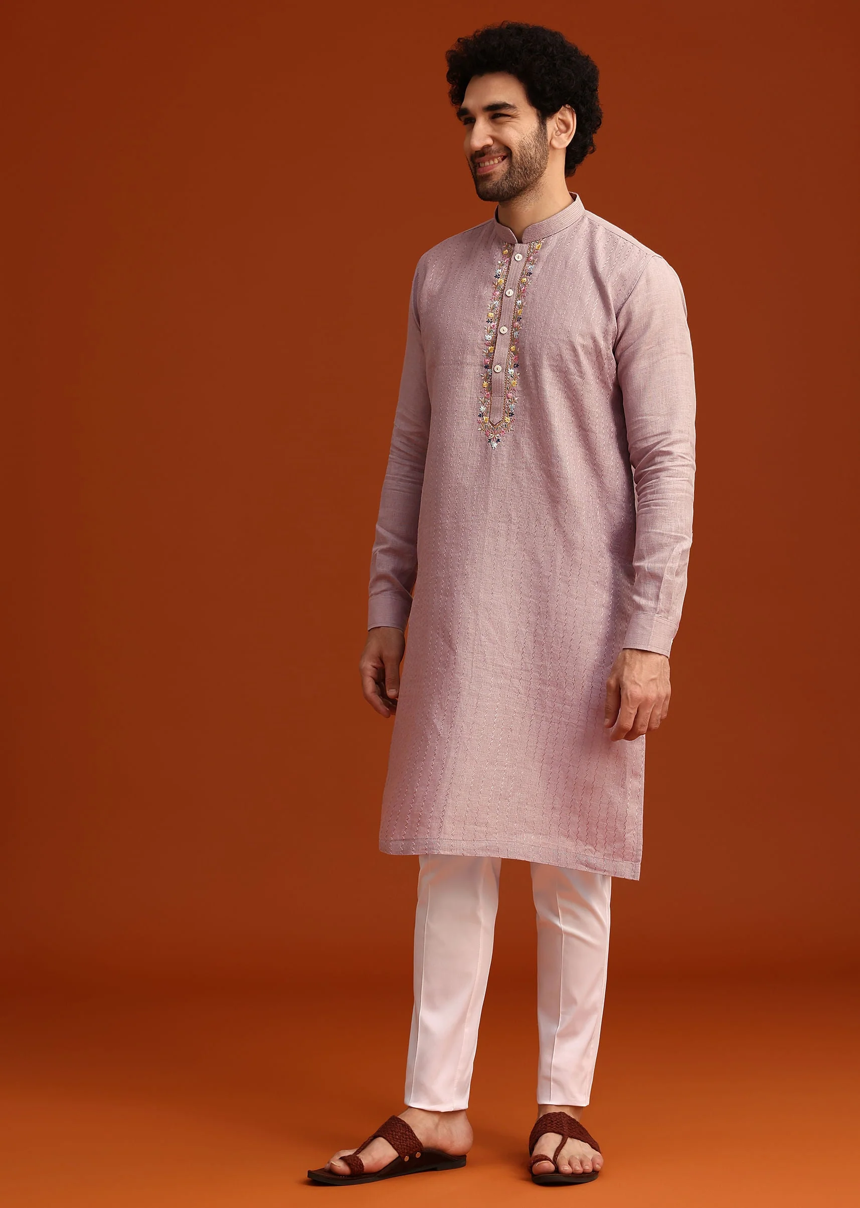 Purple Hand Embroidered Kurta And Pant Set In Linen - Image 4