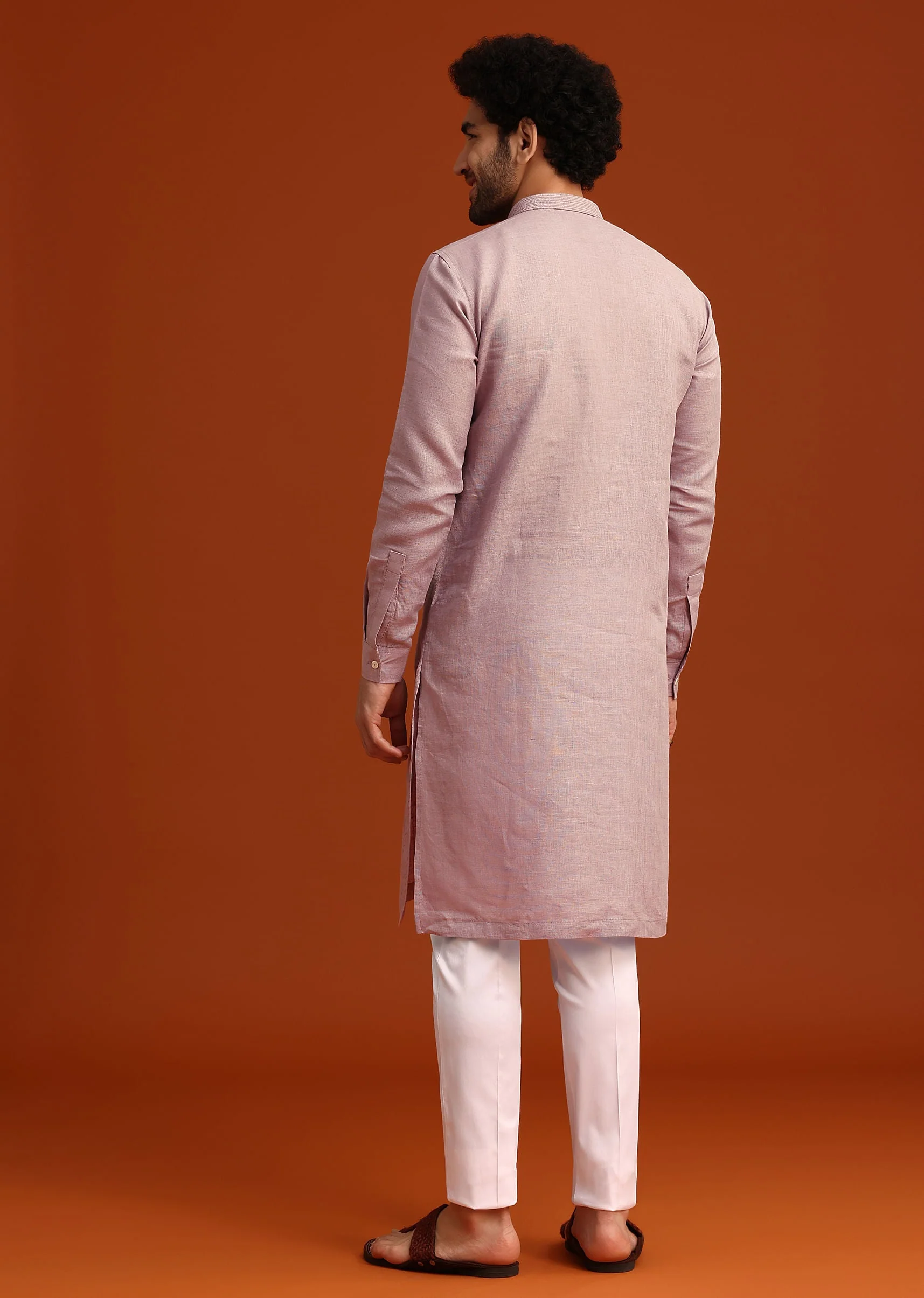 Purple Hand Embroidered Kurta And Pant Set In Linen - Image 5