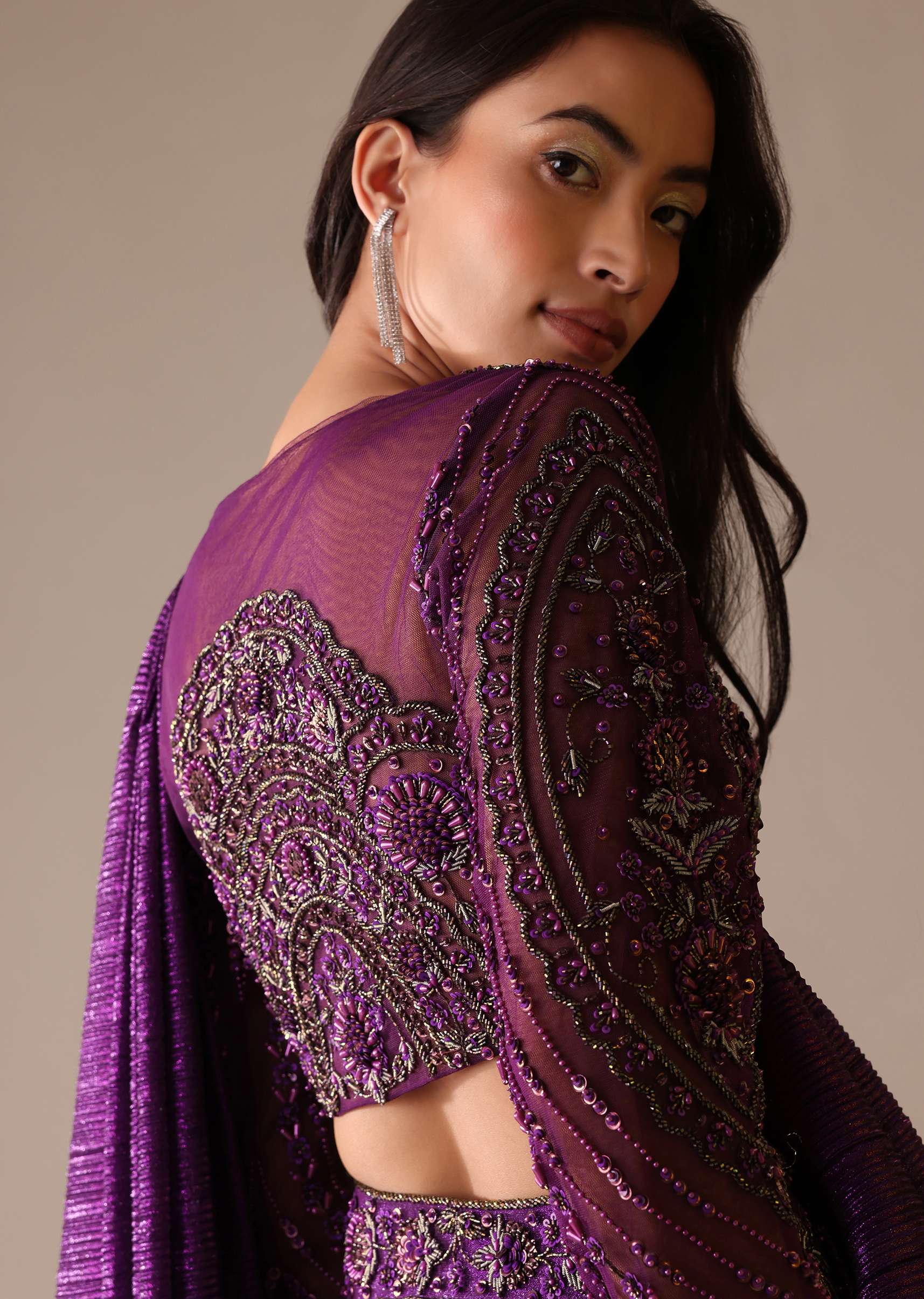 Purple Hand Embroidered Sharara And Blouse Set In Crushed Shimmer - Image 3