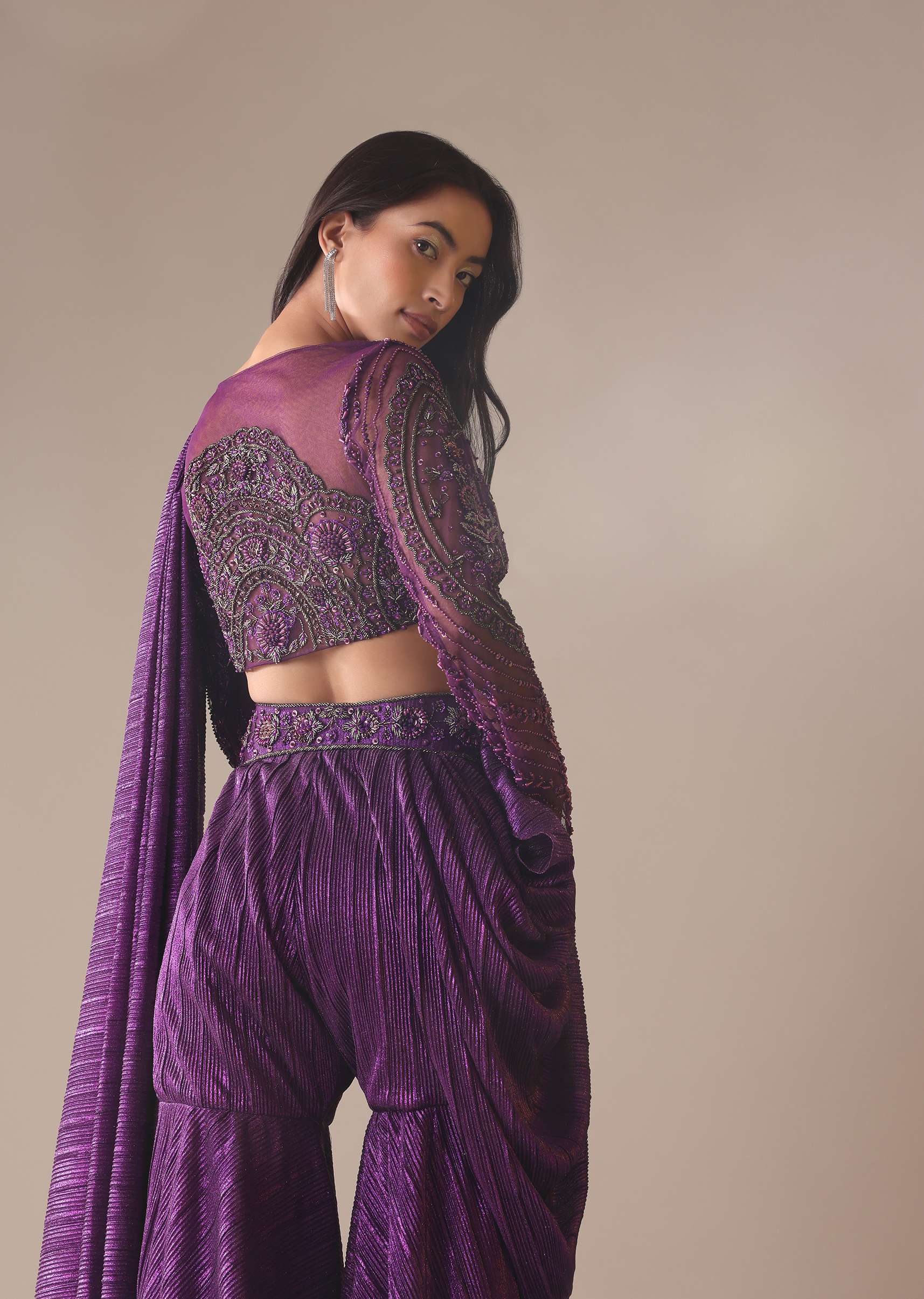 Purple Hand Embroidered Sharara And Blouse Set In Crushed Shimmer - Image 4