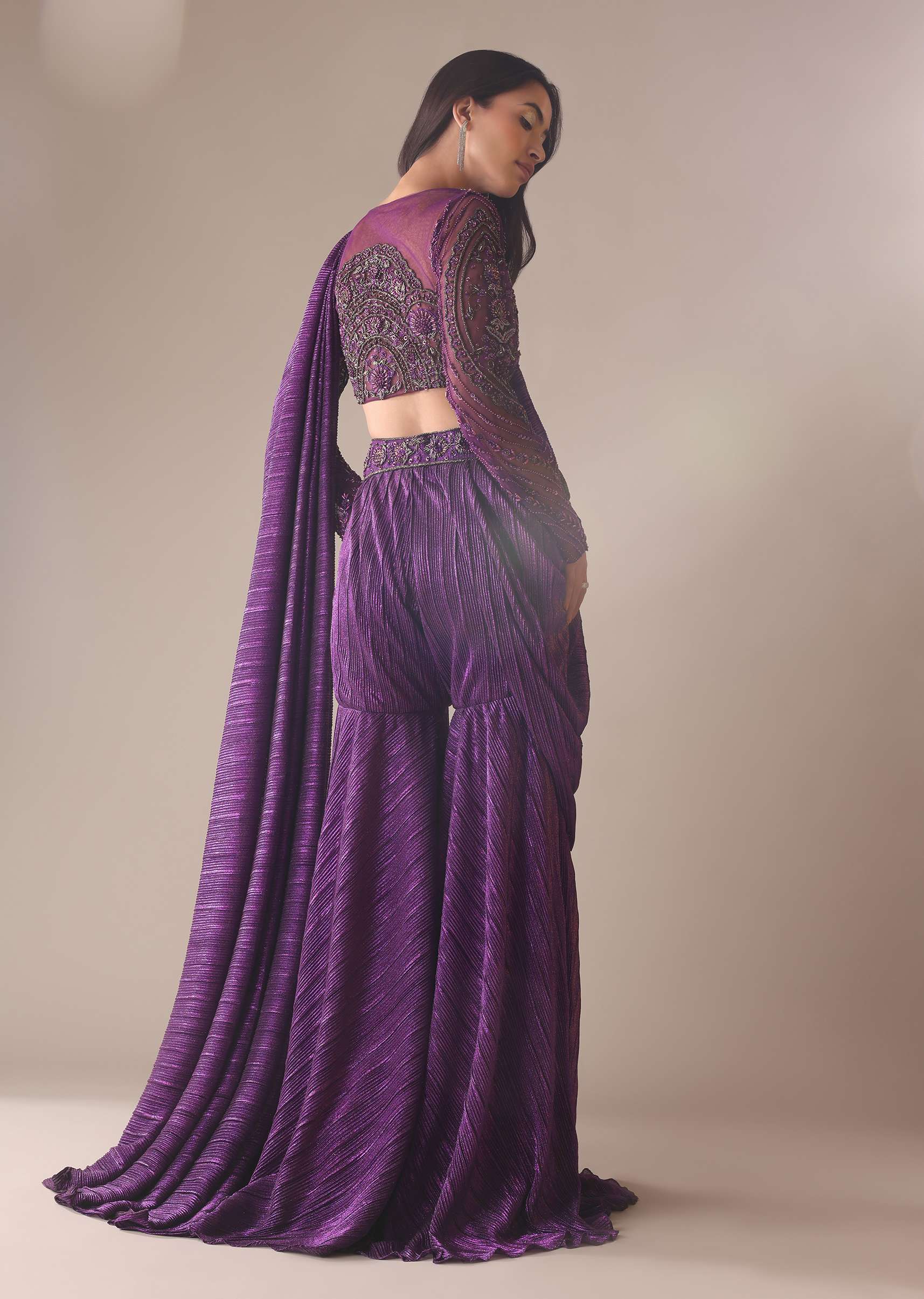 Purple Hand Embroidered Sharara And Blouse Set In Crushed Shimmer - Image 5