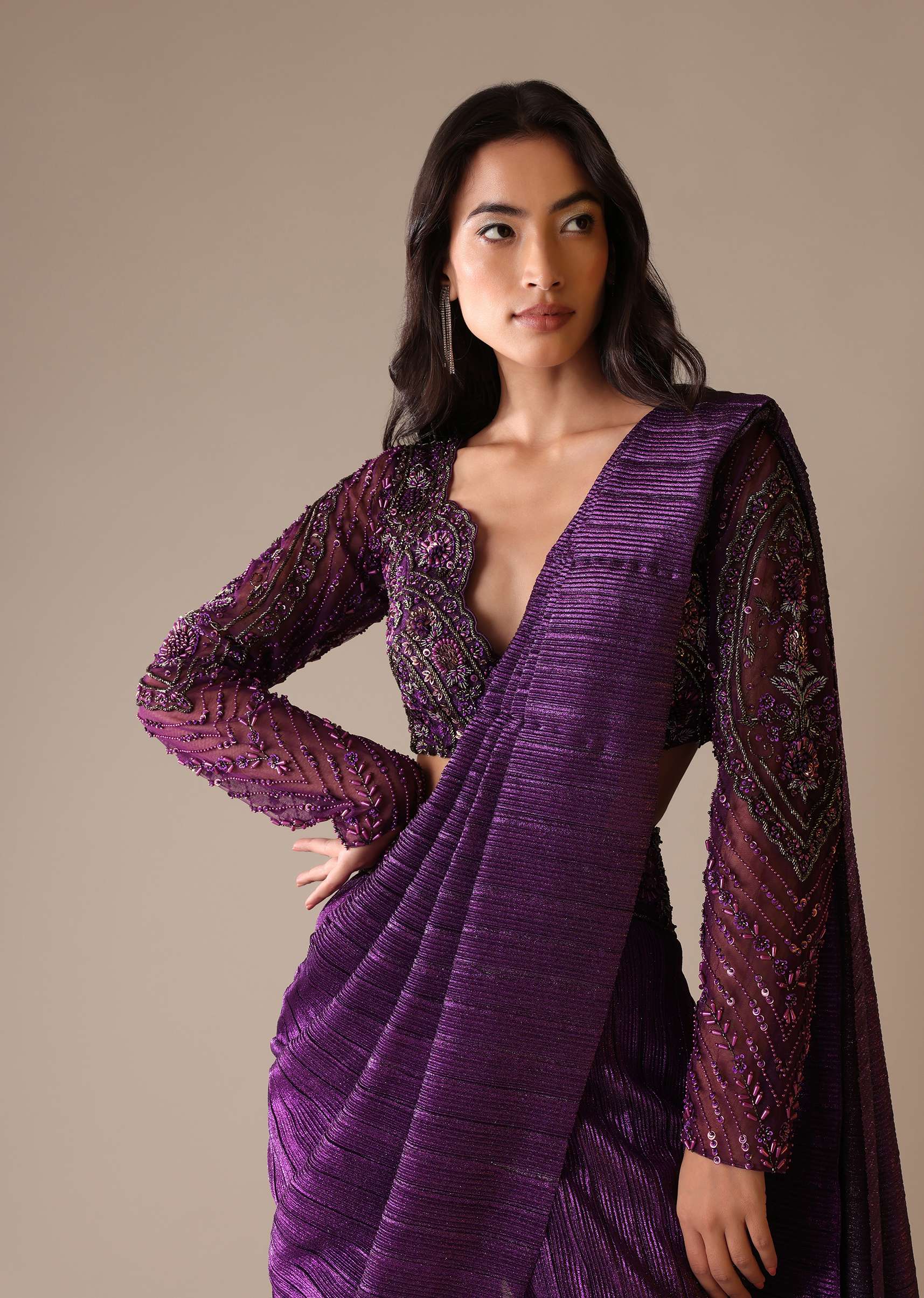 Purple Hand Embroidered Sharara And Blouse Set In Crushed Shimmer - Image 6