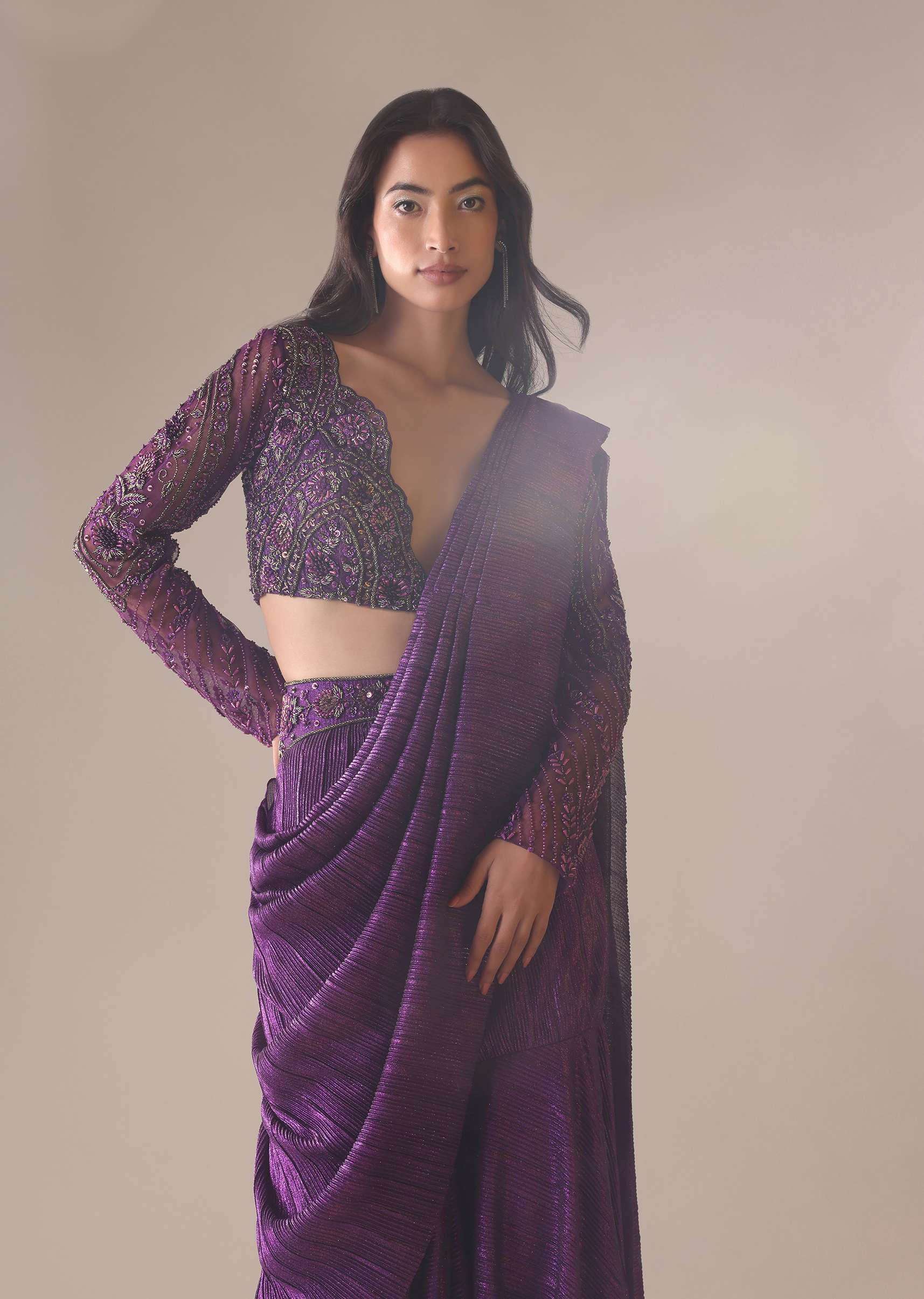 Purple Hand Embroidered Sharara And Blouse Set In Crushed Shimmer - Image 7