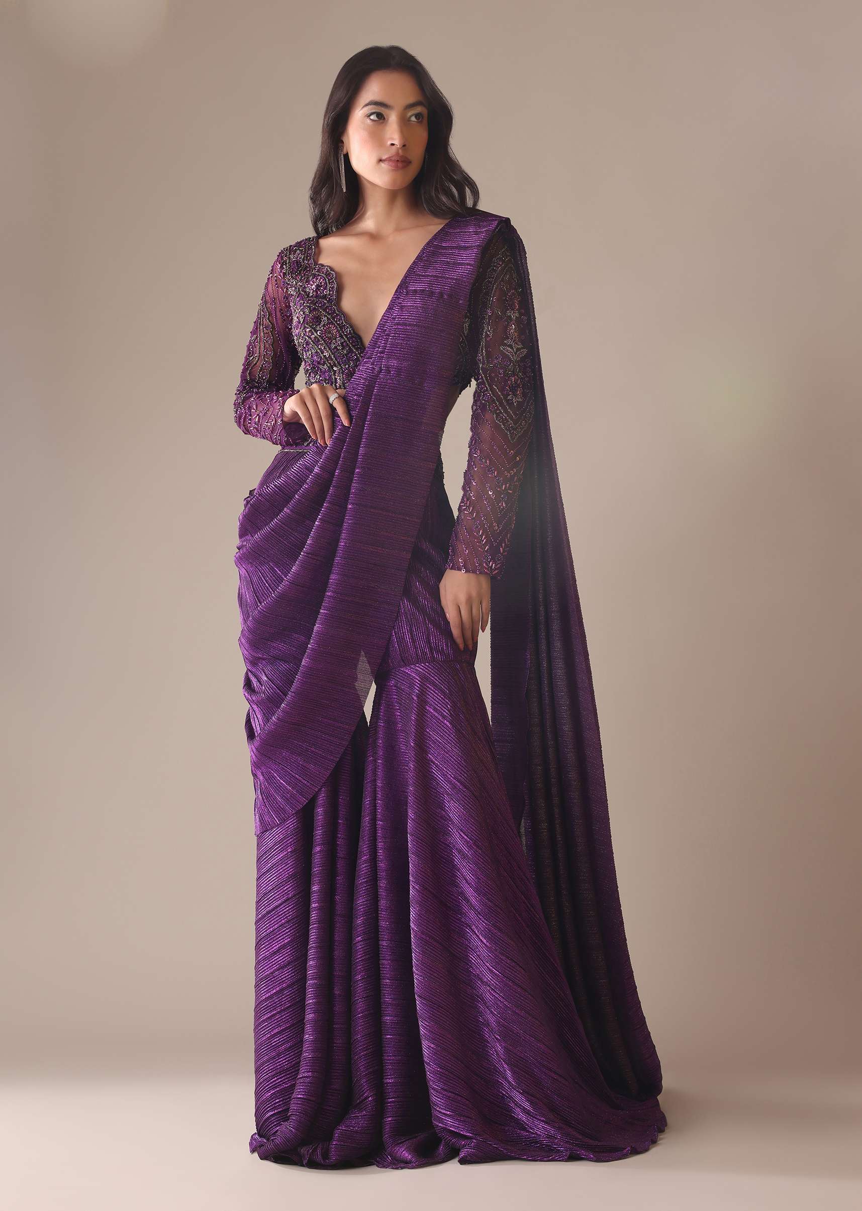 Purple Hand Embroidered Sharara And Blouse Set In Crushed Shimmer - Image 8