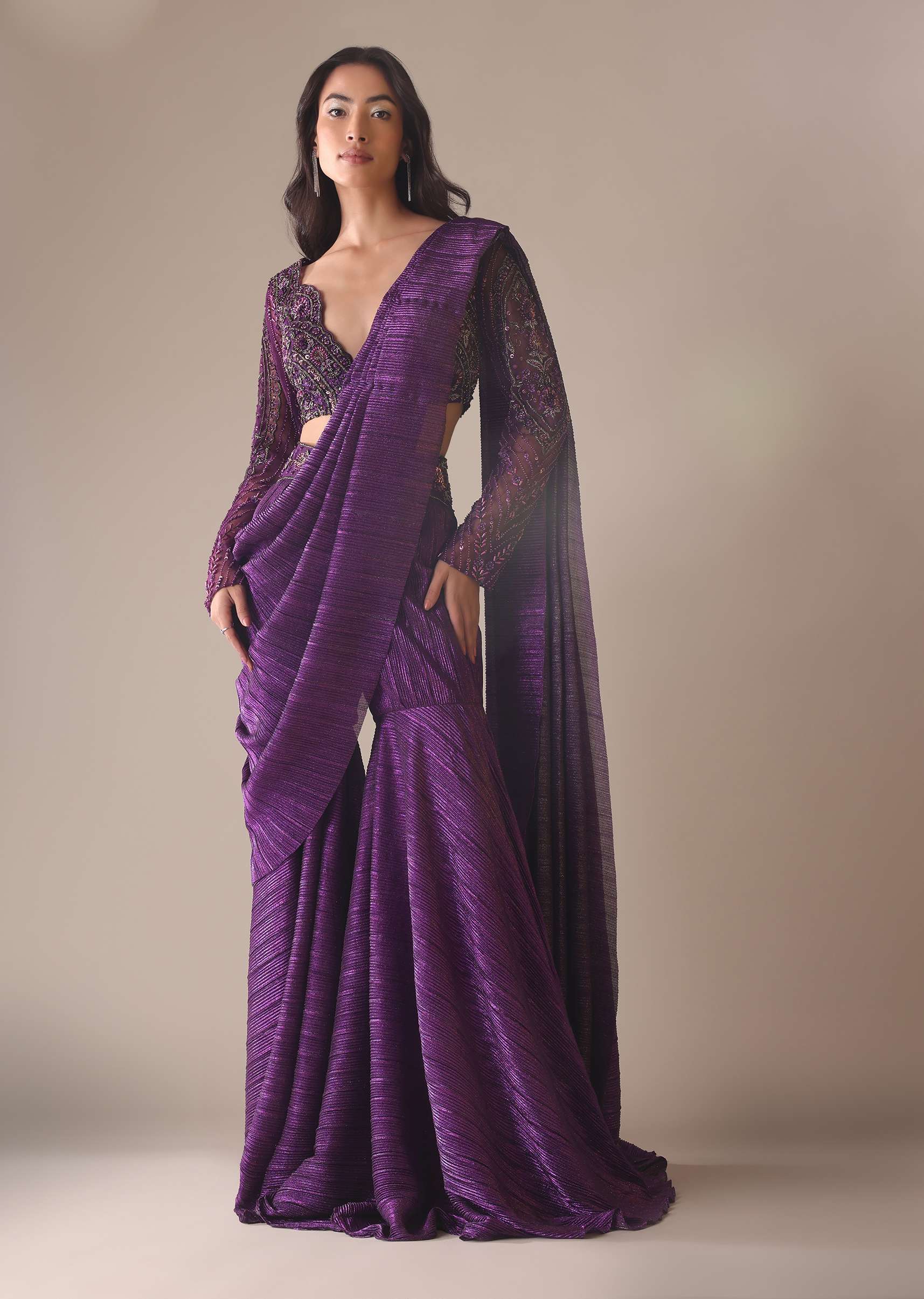 Purple Hand Embroidered Sharara And Blouse Set In Crushed Shimmer - Image 9