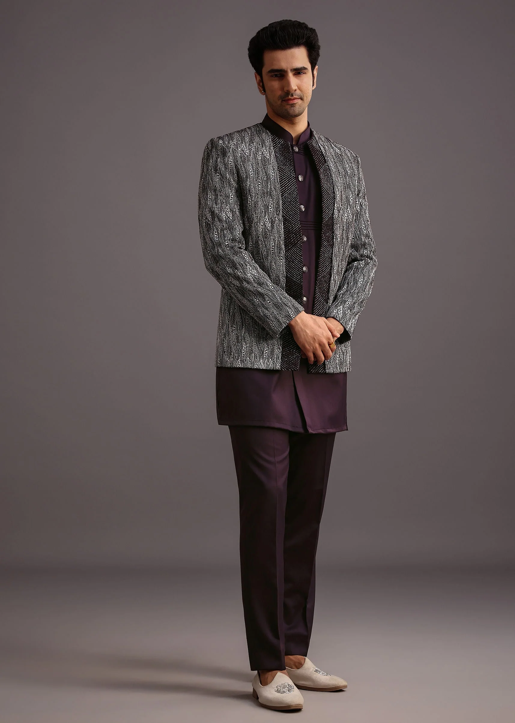 Purple Hand Work Jacket Kurta Set - Image 2
