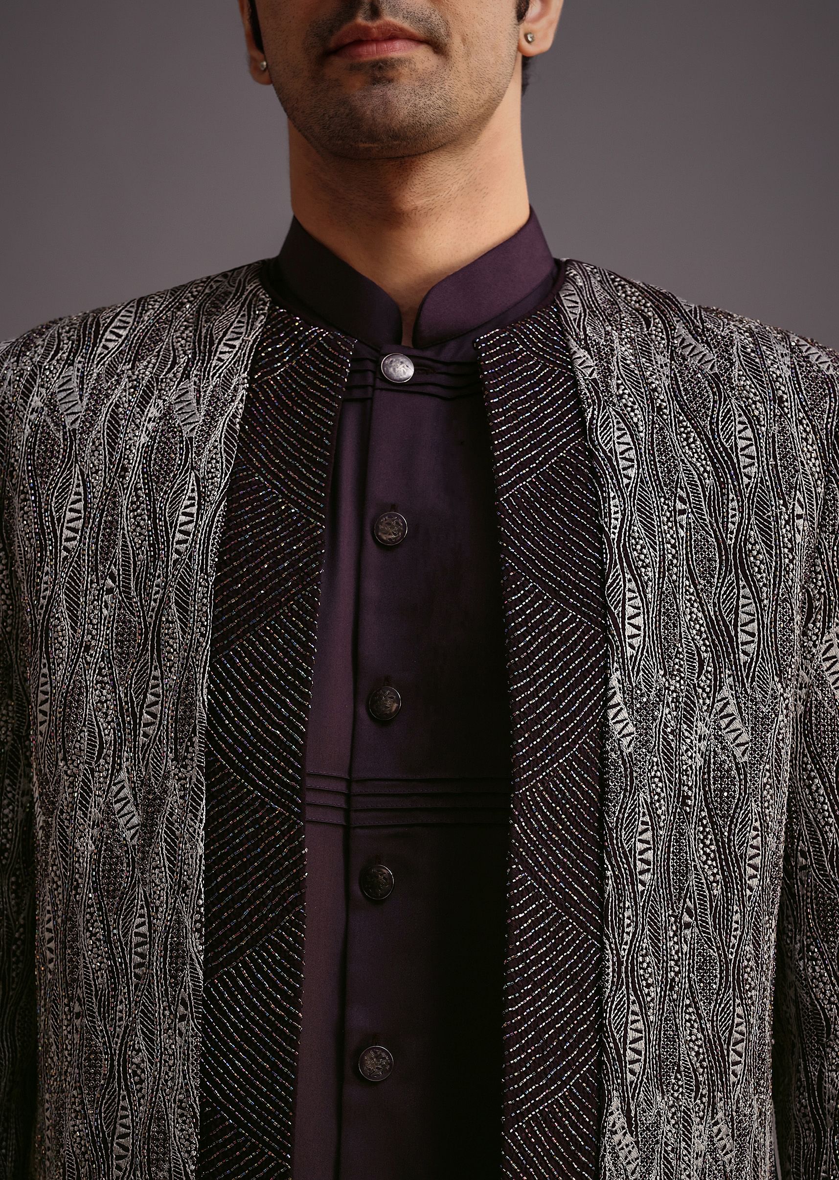 Purple Hand Work Jacket Kurta Set - Image 3