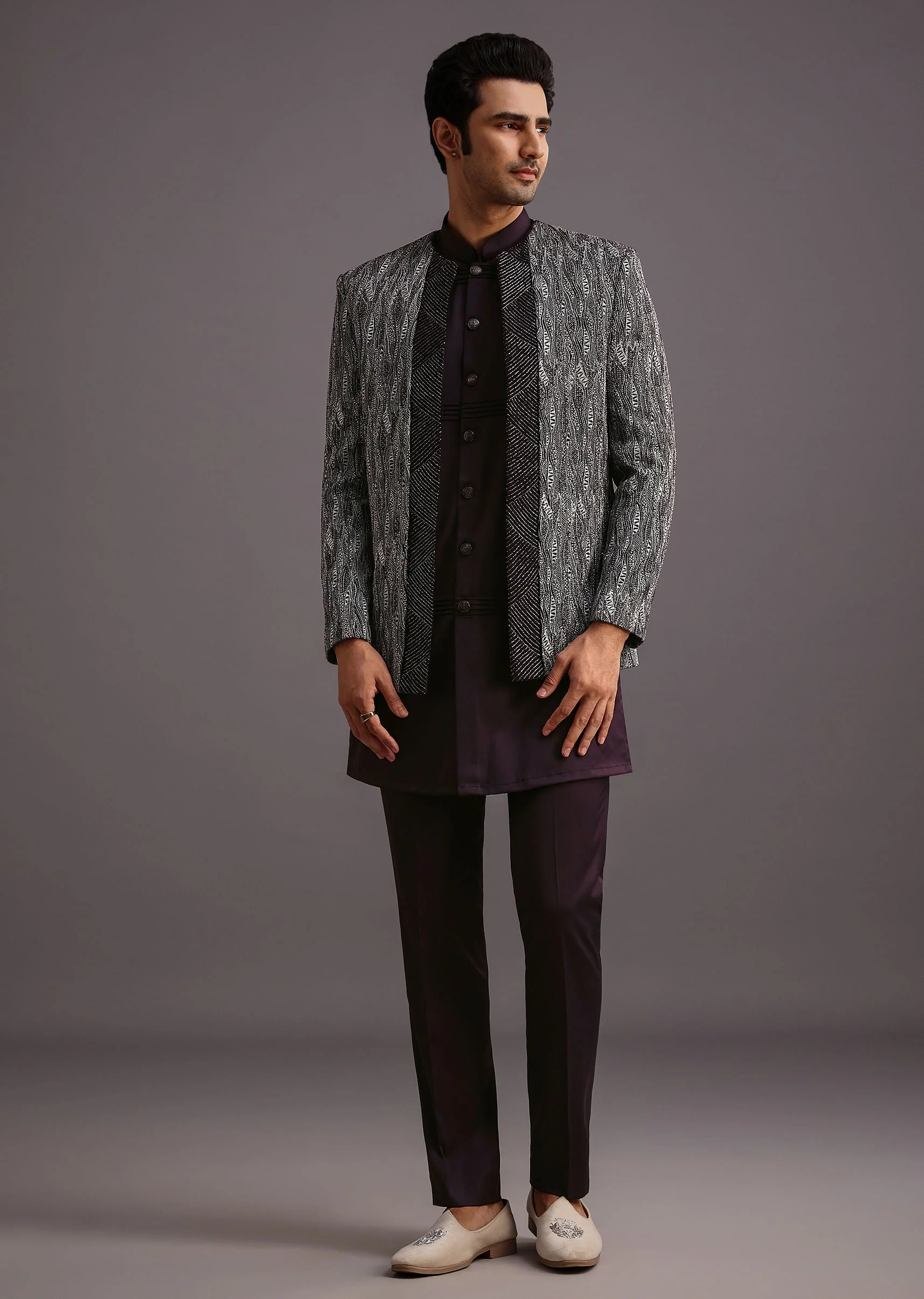Purple Hand Work Jacket Kurta Set - Image 4