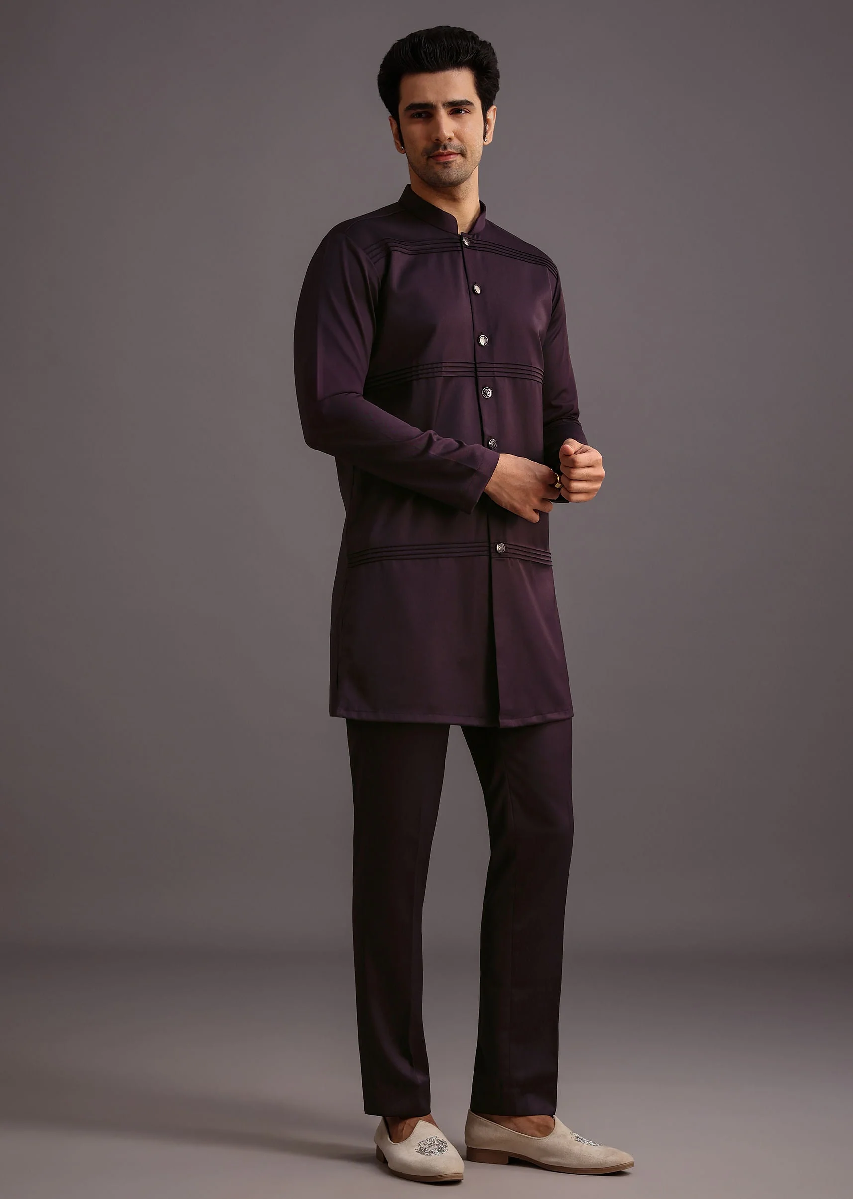 Purple Hand Work Jacket Kurta Set - Image 6