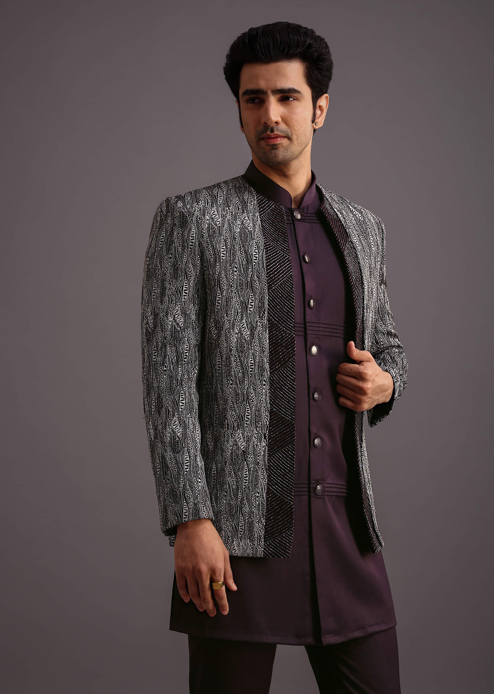 Purple Hand Work Jacket Kurta Set - Image 8