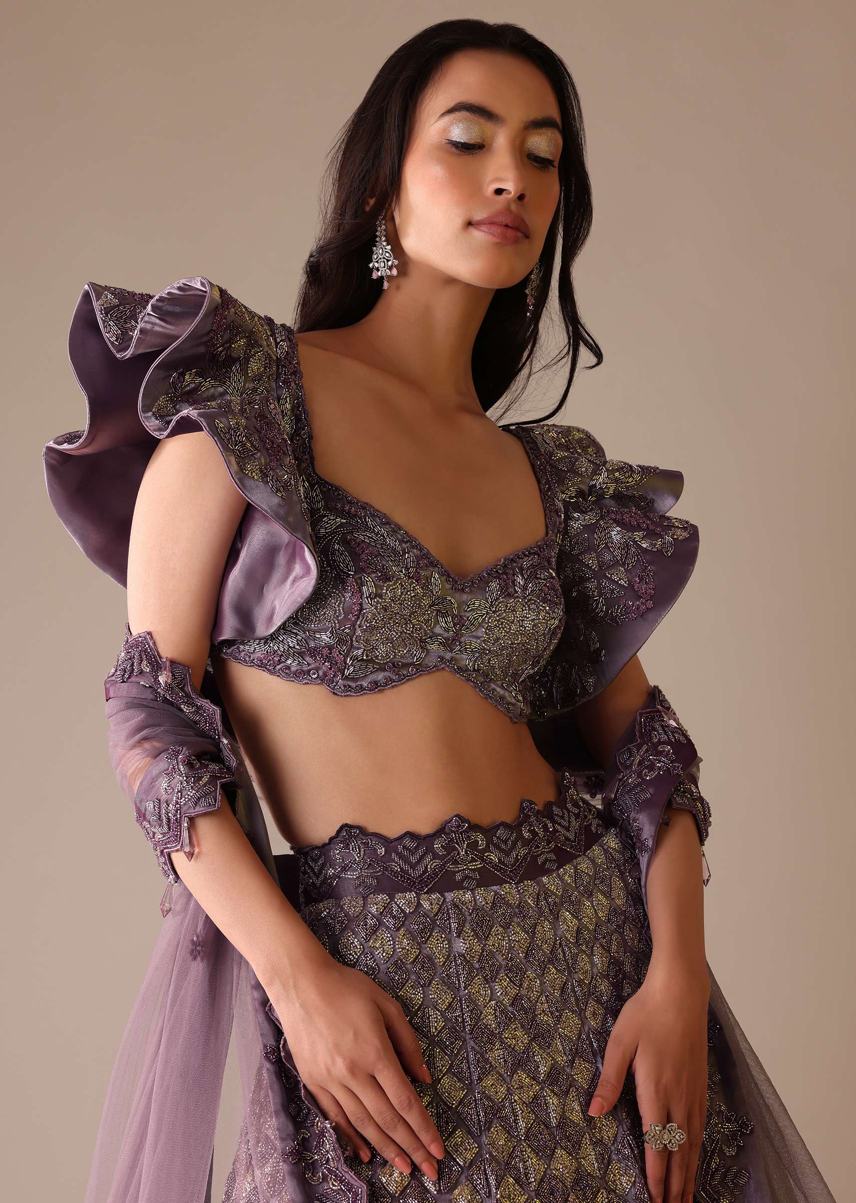 Purple Heavy Geometric Bridal Lehenga With Fancy Sleeves - Image 2