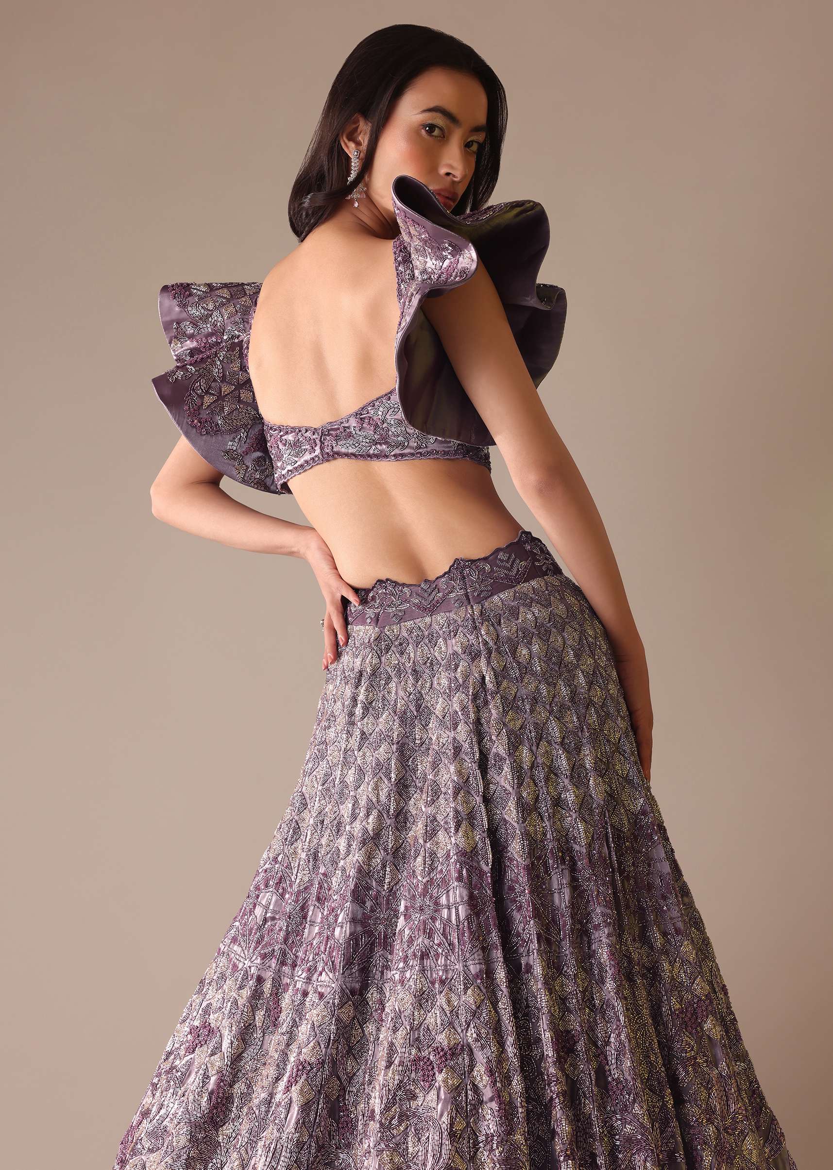 Purple Heavy Geometric Bridal Lehenga With Fancy Sleeves - Image 3