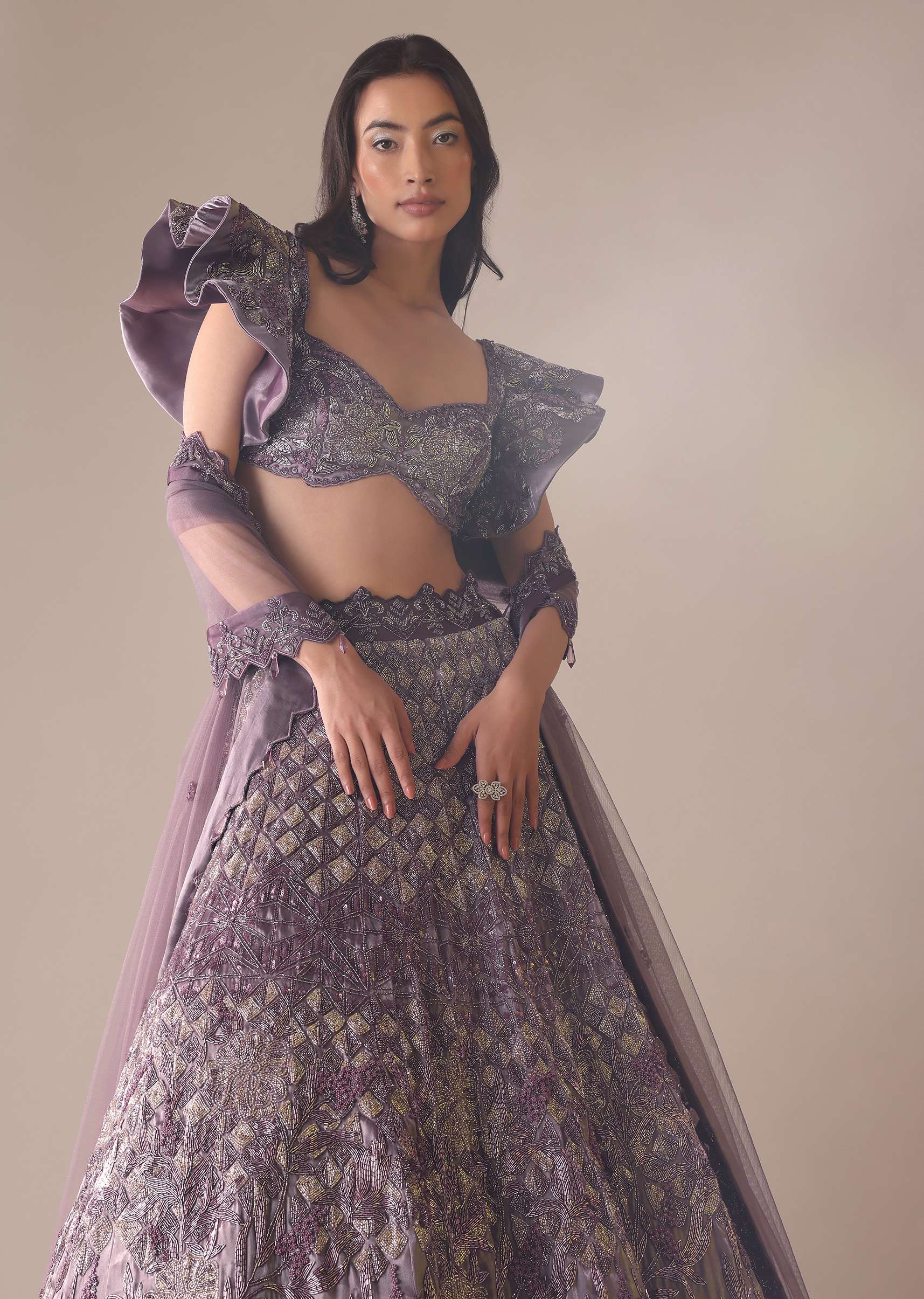 Purple Heavy Geometric Bridal Lehenga With Fancy Sleeves - Image 4