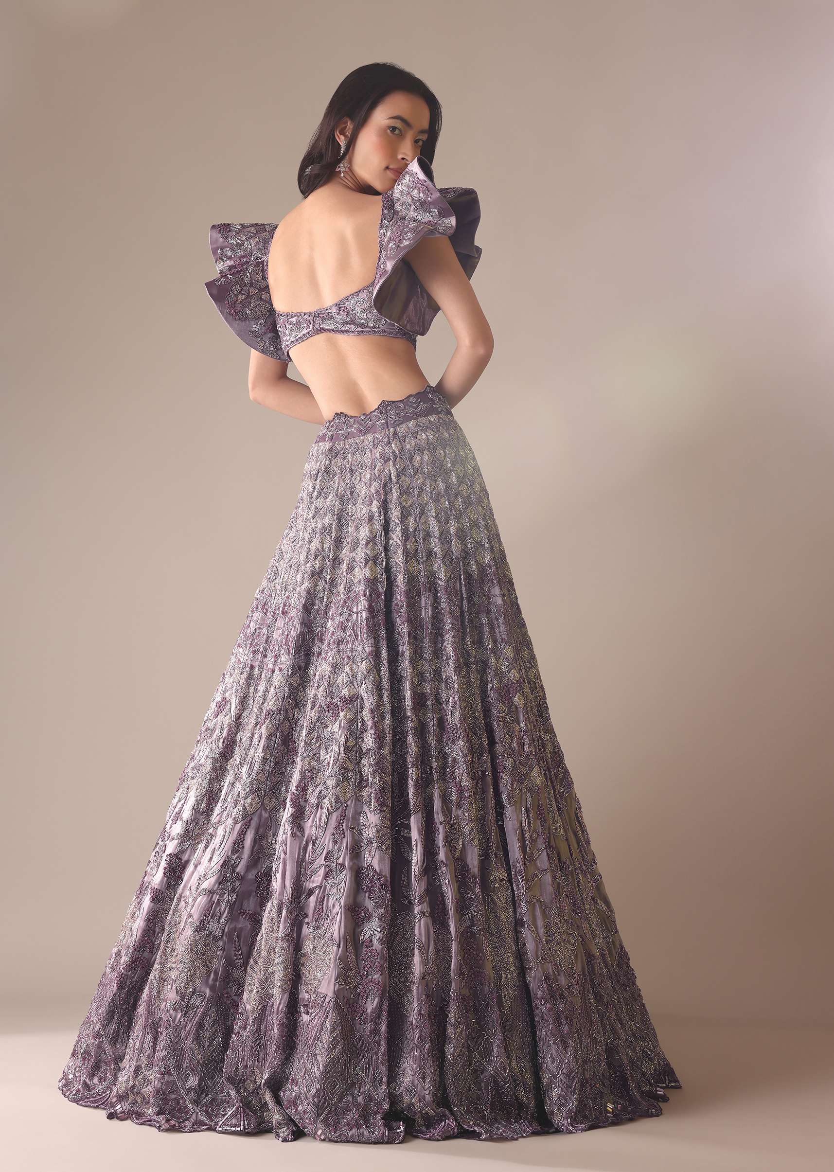 Purple Heavy Geometric Bridal Lehenga With Fancy Sleeves - Image 5