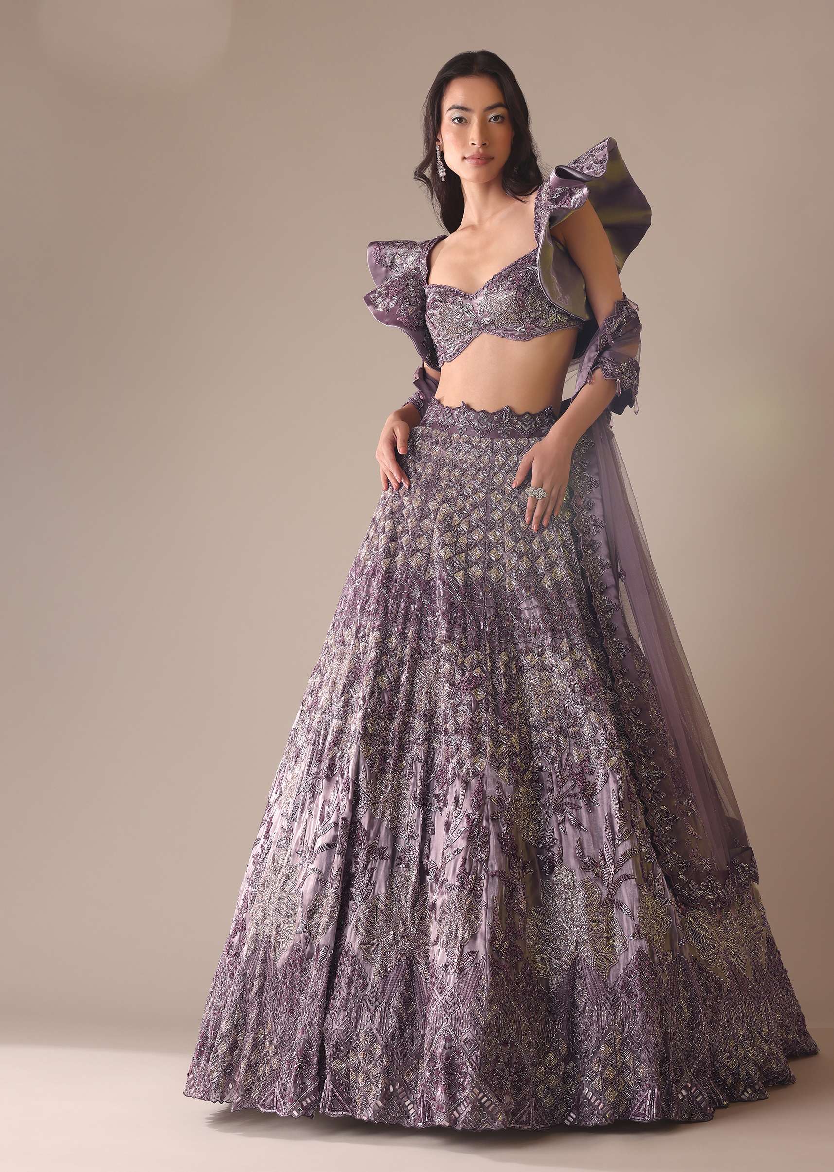Purple Heavy Geometric Bridal Lehenga With Fancy Sleeves - Image 6