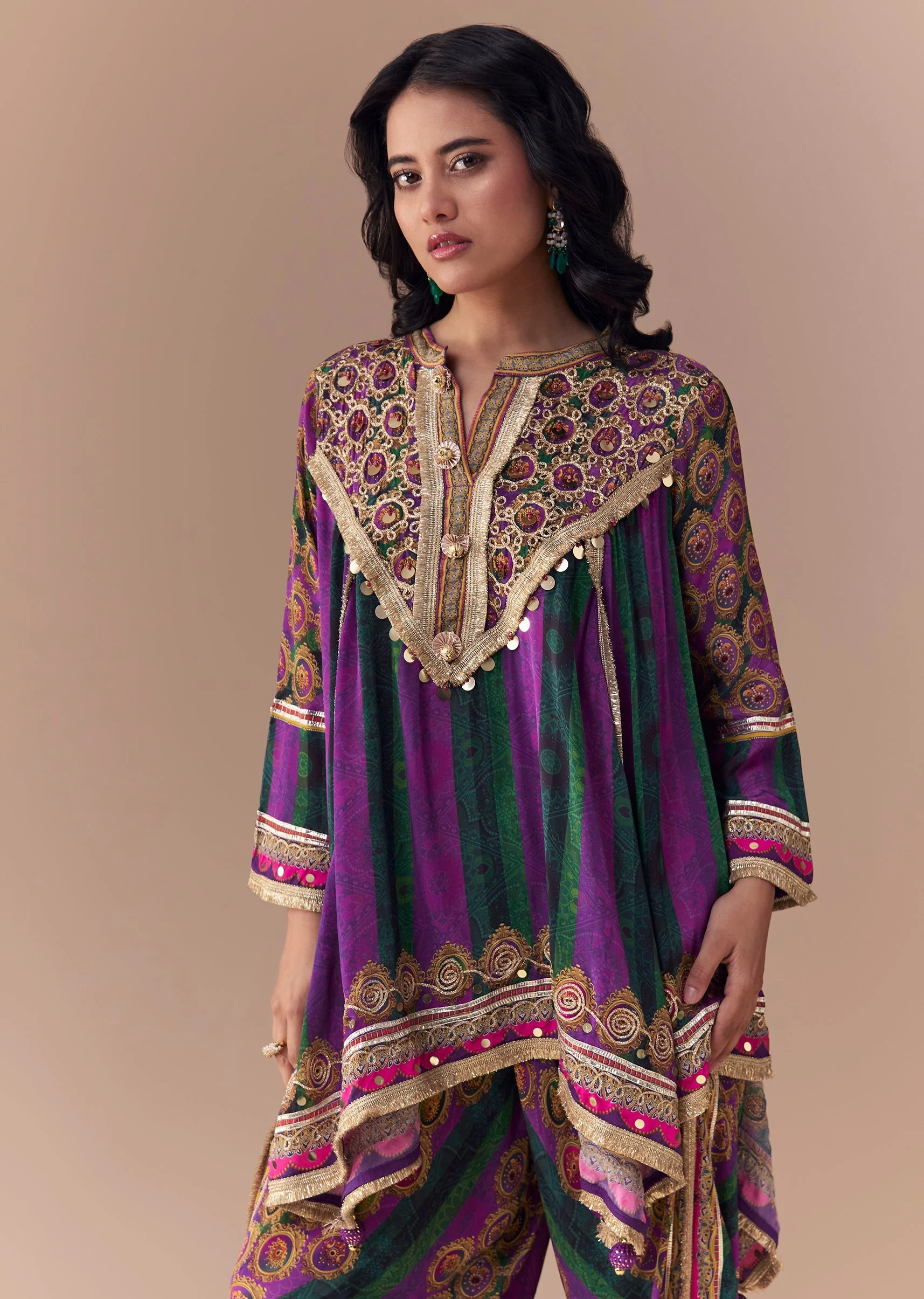 Purple Indie Print Dhoti Set with Handbag - Image 4