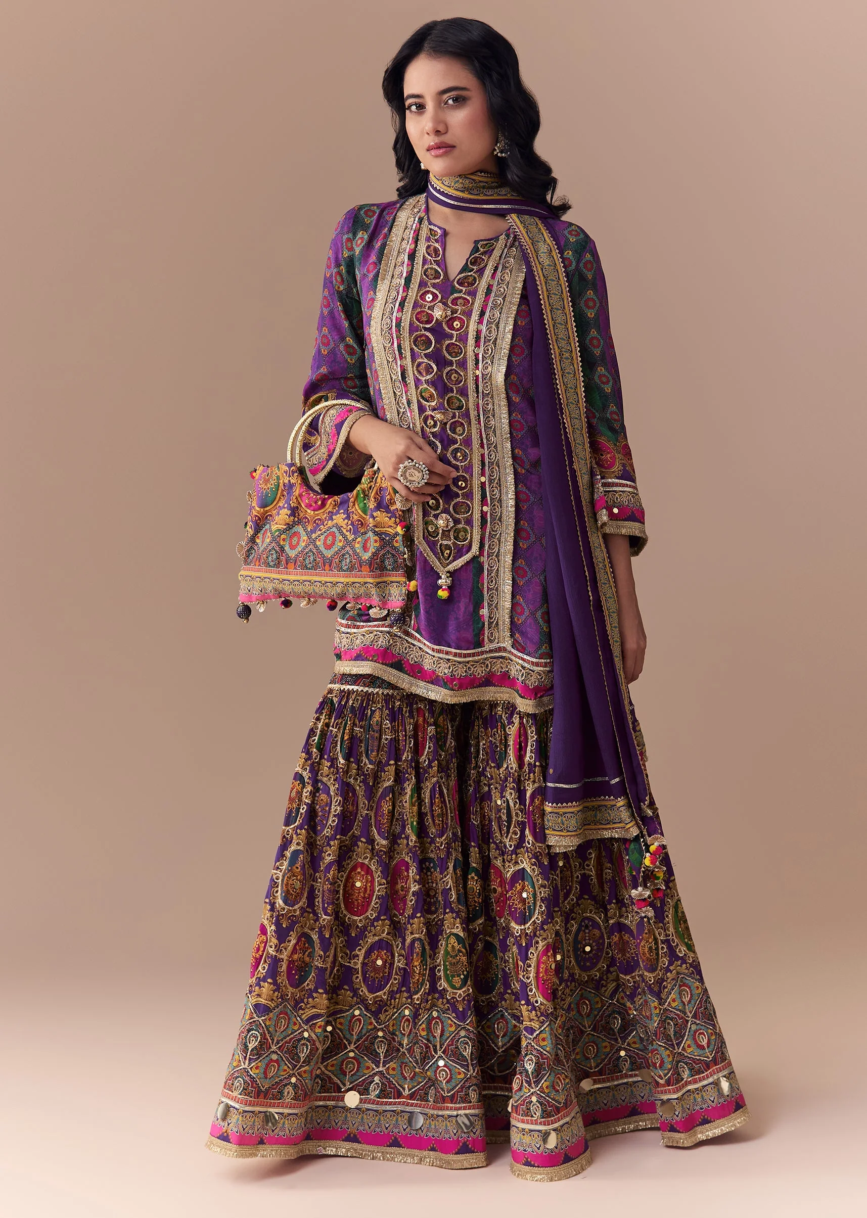 Purple Indie Print Kurta Sharara Set with Handbag - Image 3