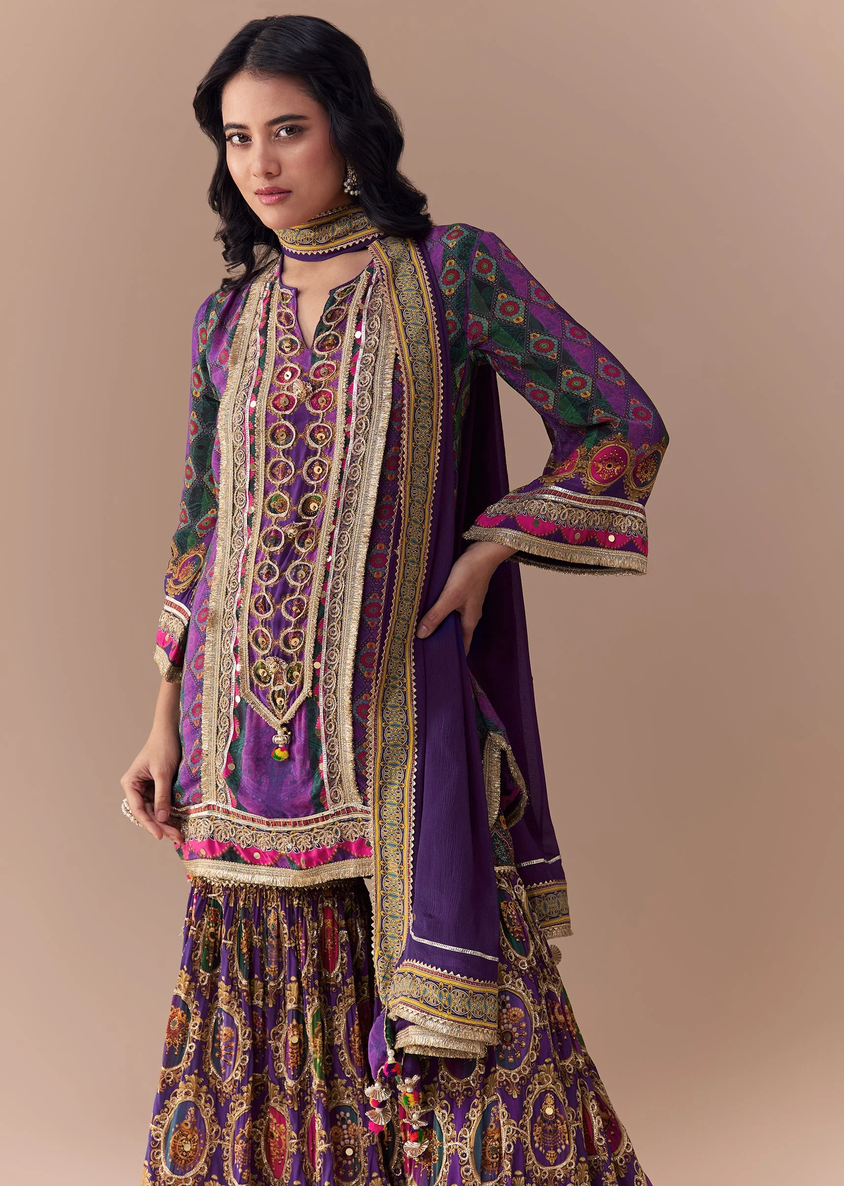 Purple Indie Print Kurta Sharara Set with Handbag - Image 4