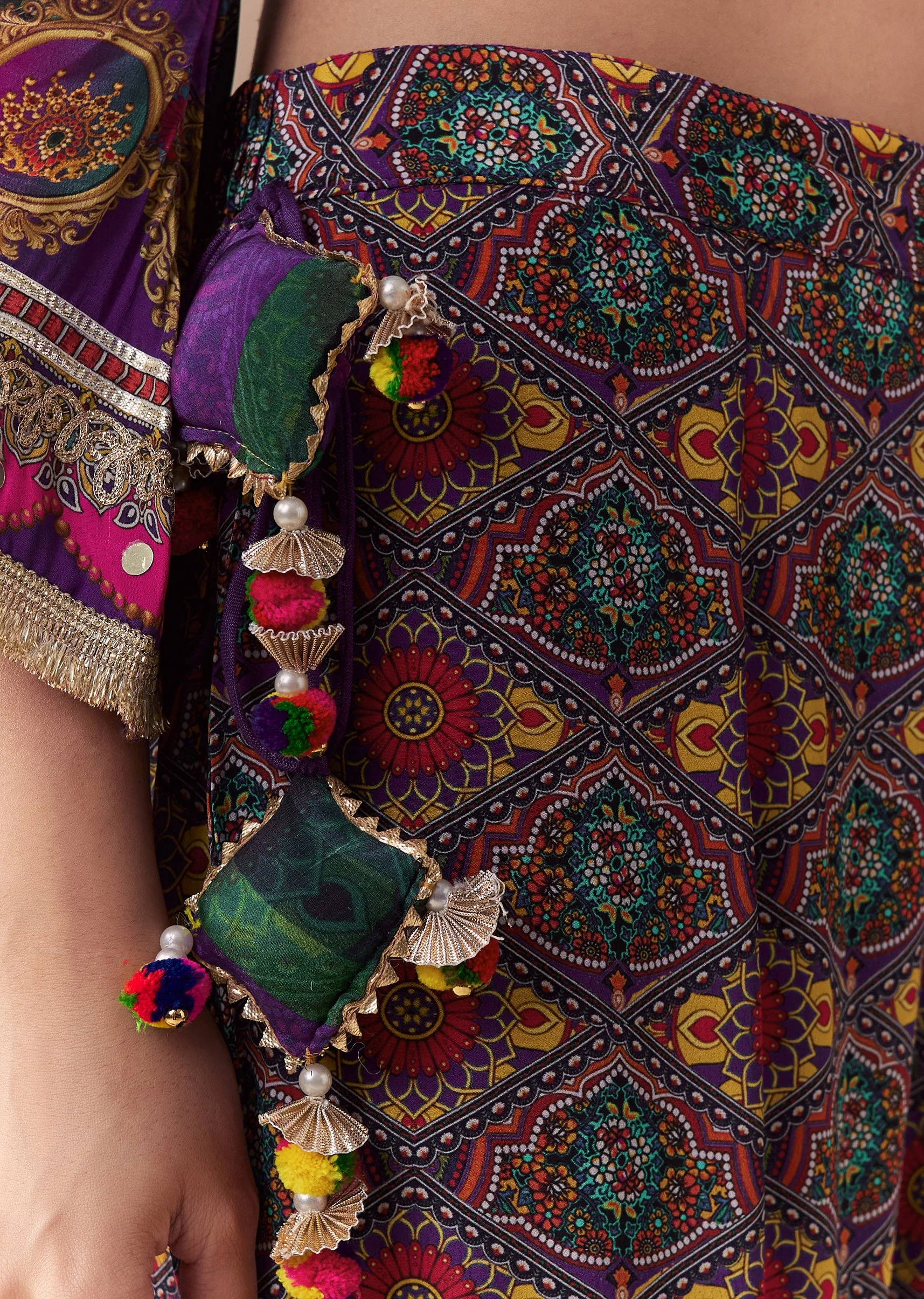 Purple Indie Print Kurta Sharara Set with Handbag - Image 6