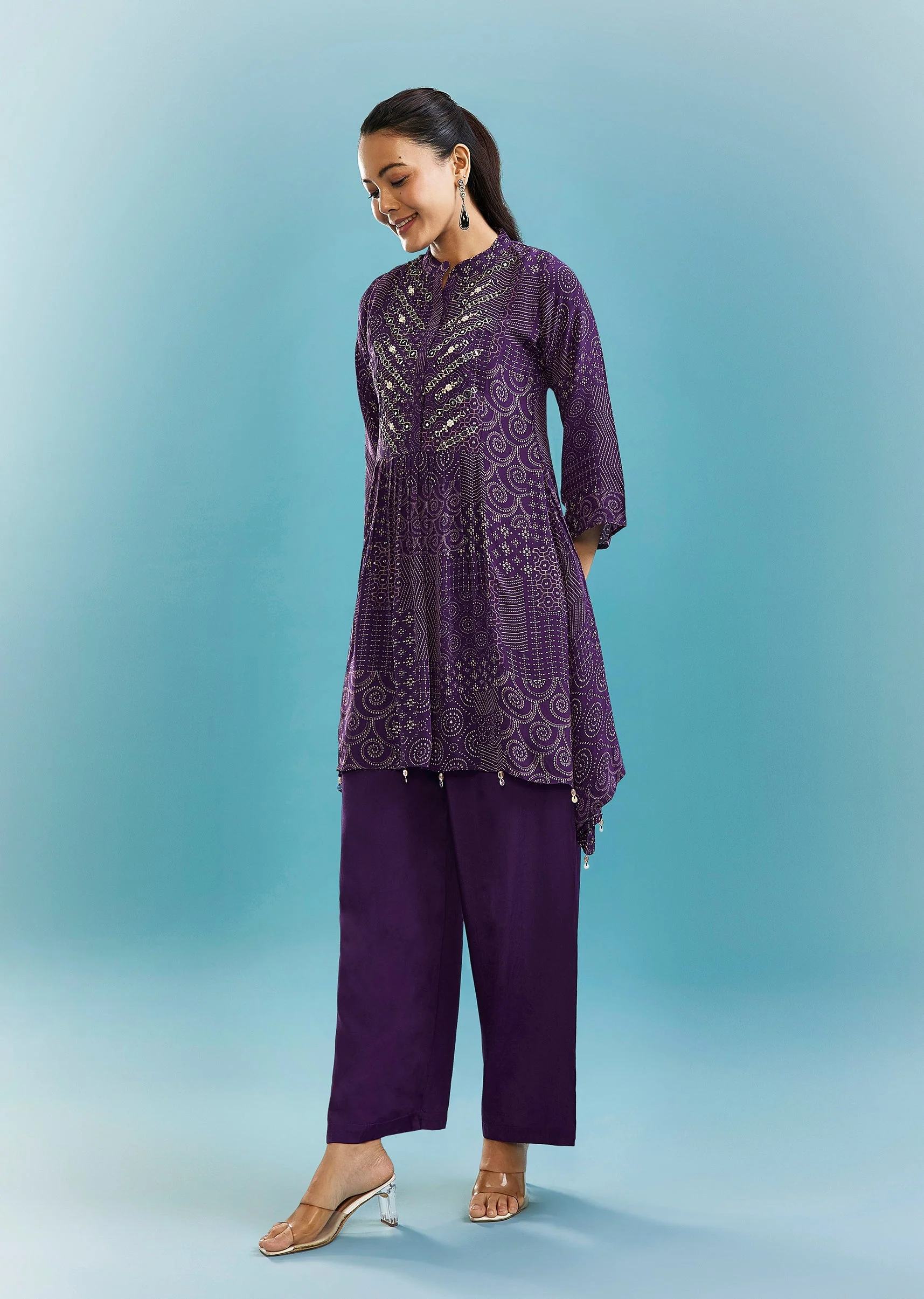 Purple Indo-Western Co-ord Set With Mirror And Cut Dana Work - Image 3