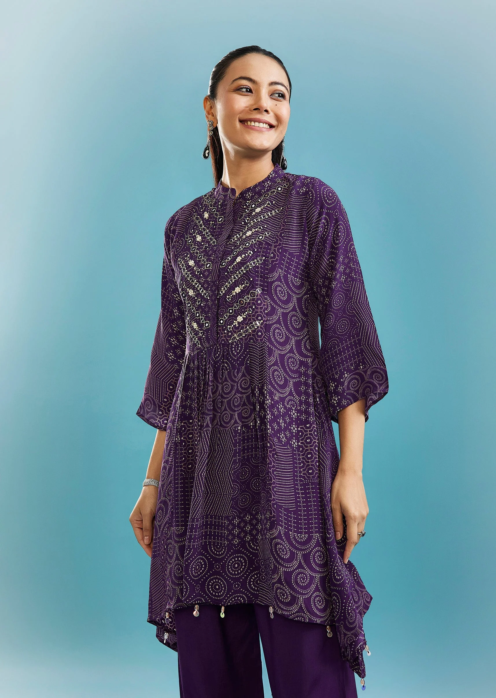 Purple Indo-Western Co-ord Set With Mirror And Cut Dana Work - Image 4