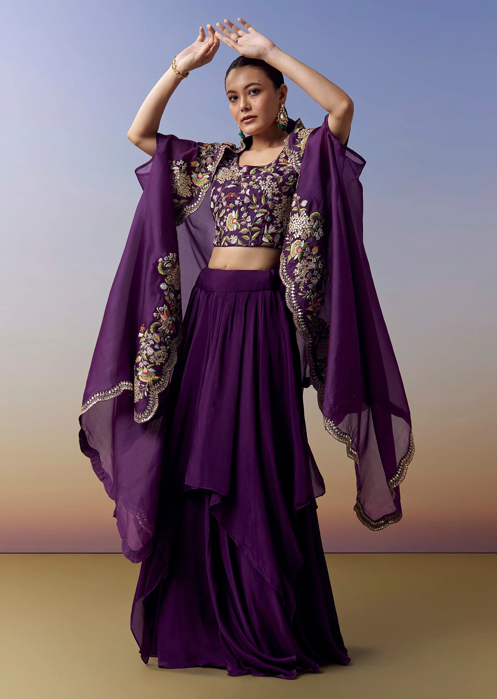 Purple Indo Western Crop Top Skirt Set With Parsi Work - Image 3