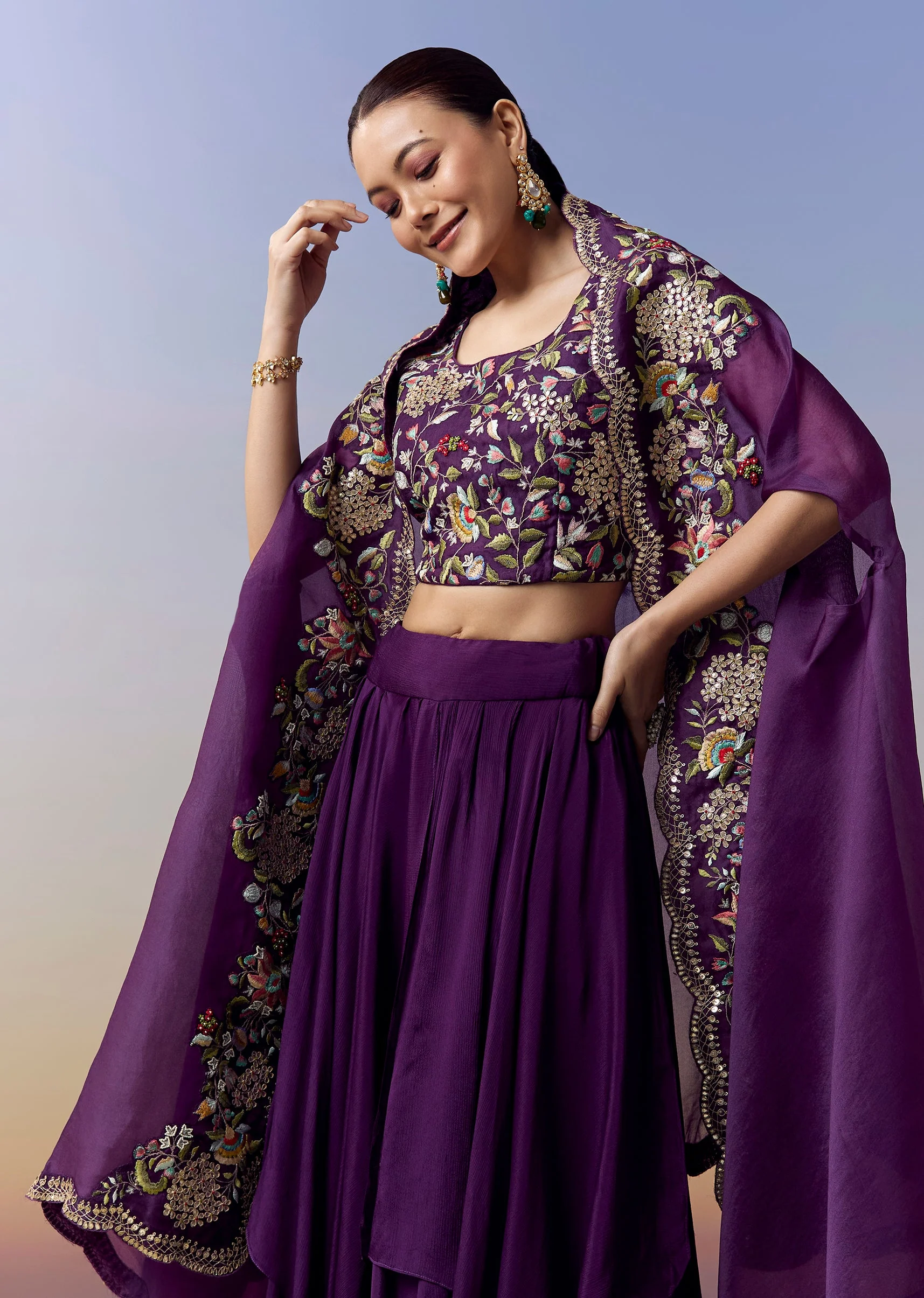 Purple Indo Western Crop Top Skirt Set With Parsi Work - Image 4