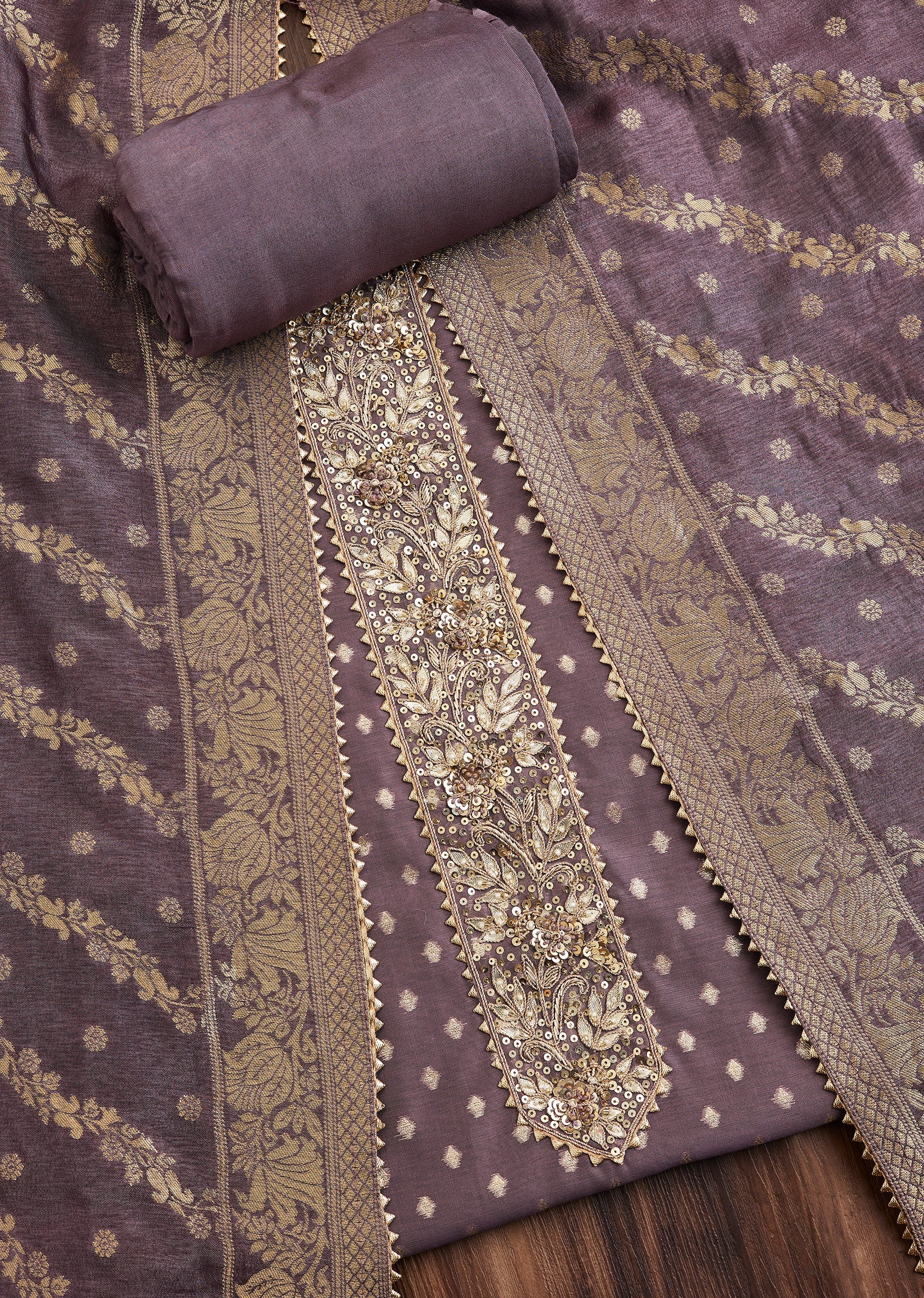 Purple Intricate Embroidered Chanderi Unstitched Suit