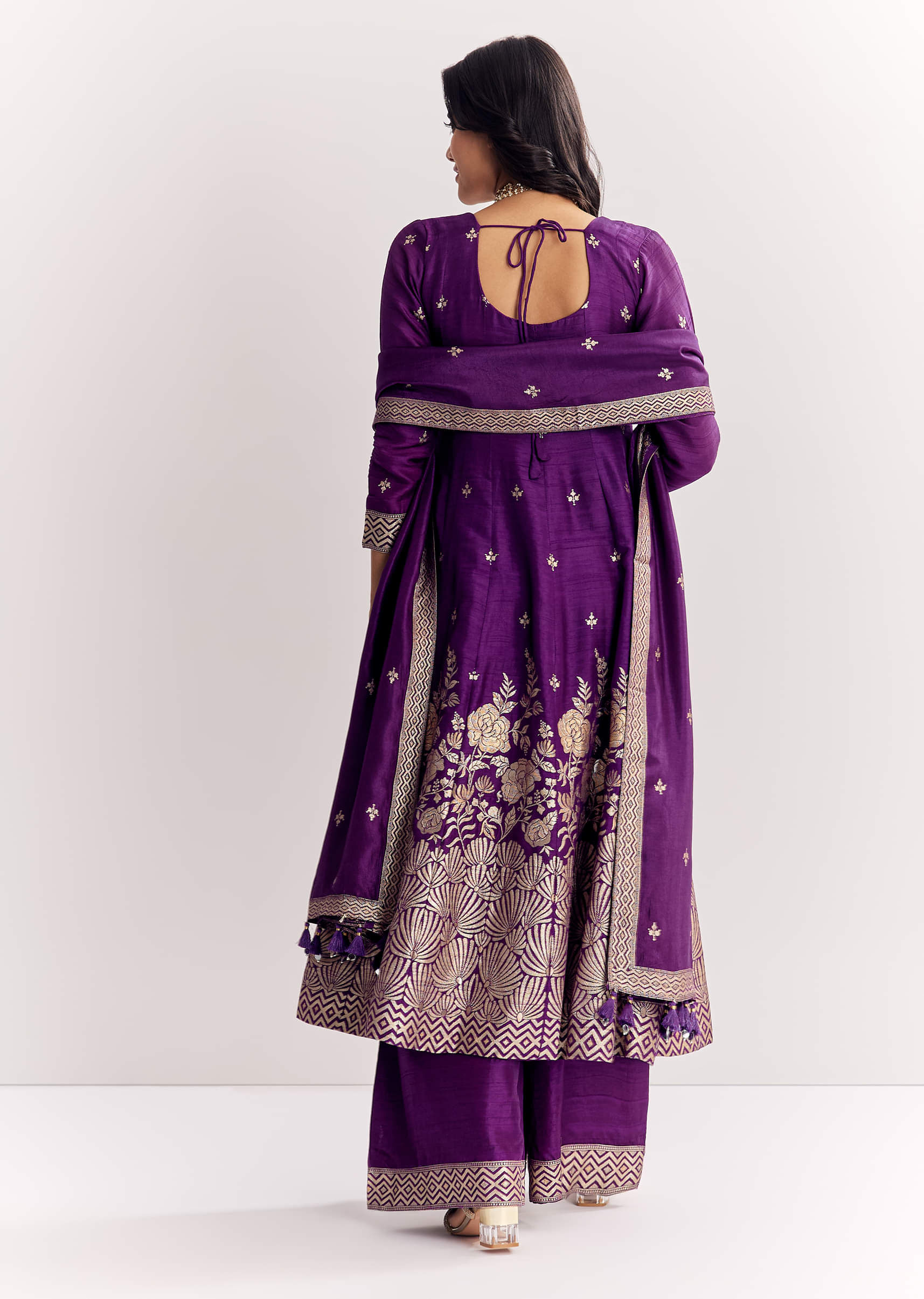 Purple Jacquard Silk Anarkali Dupatta Suit With Traditional Weave - Image 5