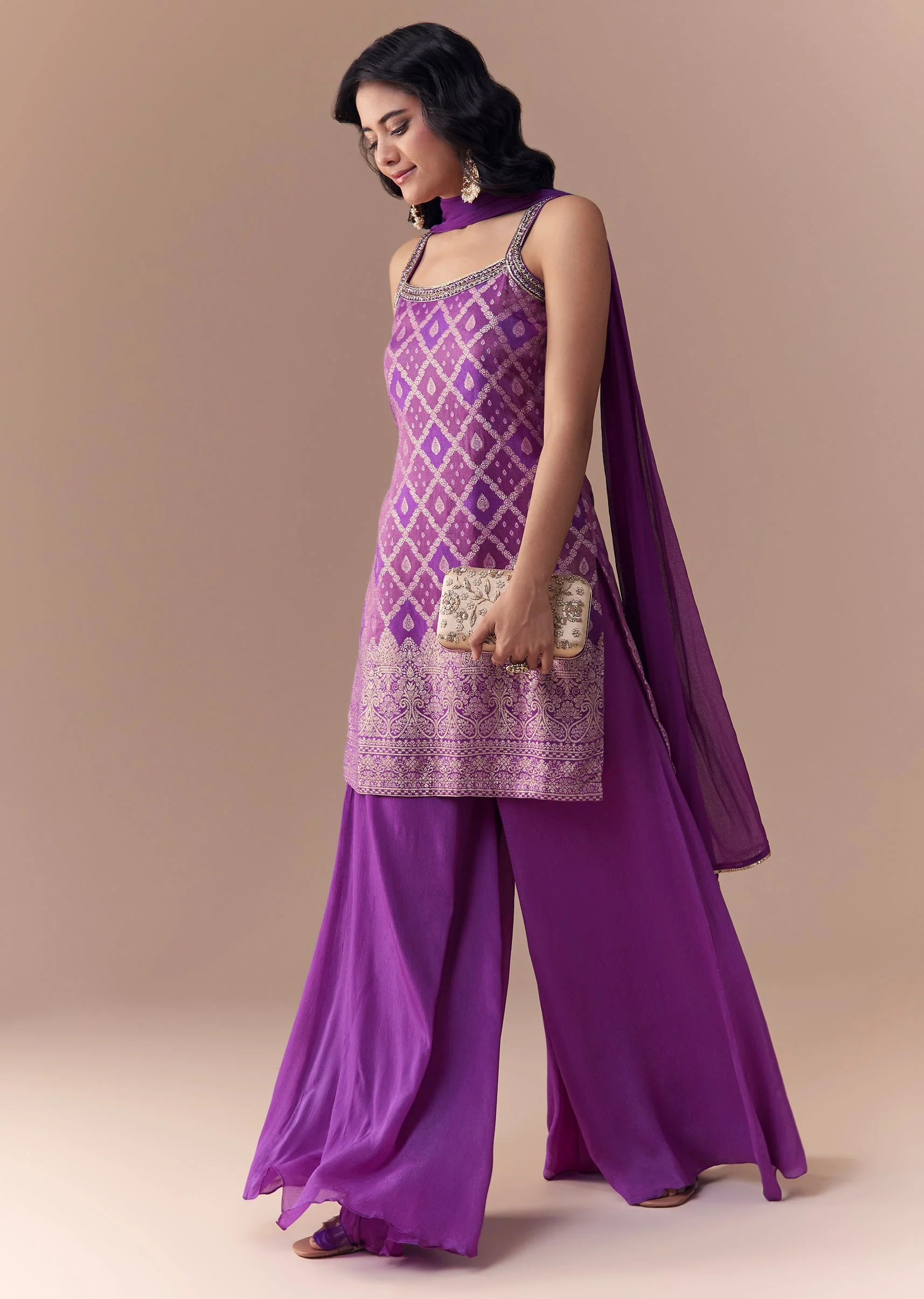 Purple Jacquard Woven Kurta Palazzo Set - Image 3