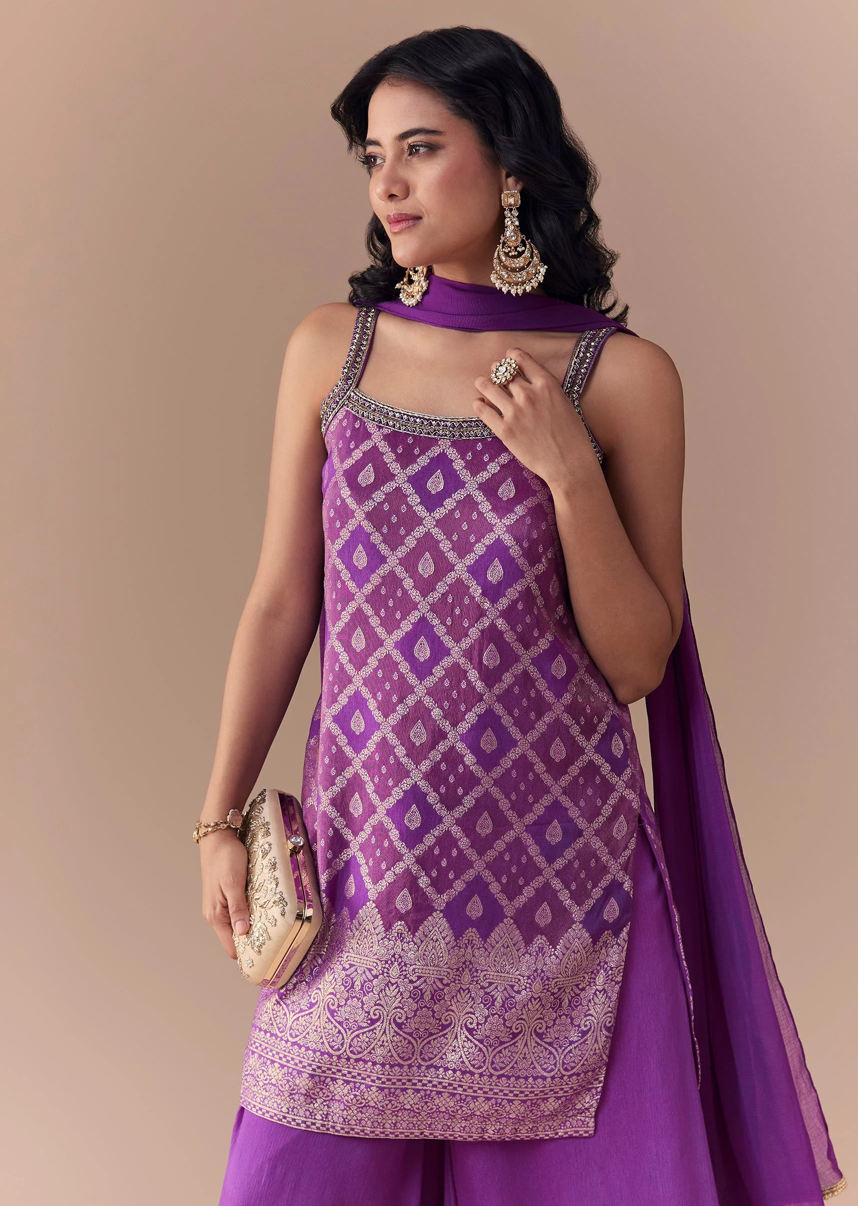 Purple Jacquard Woven Kurta Palazzo Set - Image 4