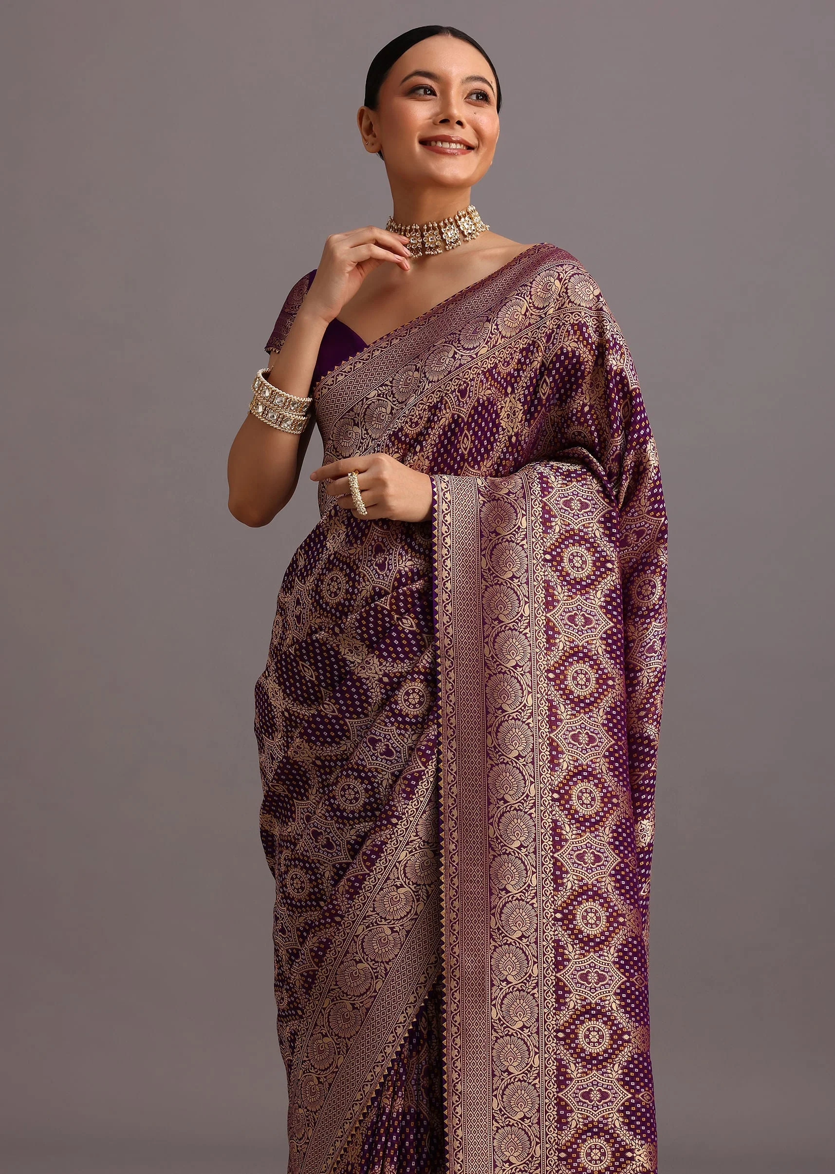 Purple Khaddi Georgette Woven Saree In Bandhani Detail With Gotta Patti Border - Image 2