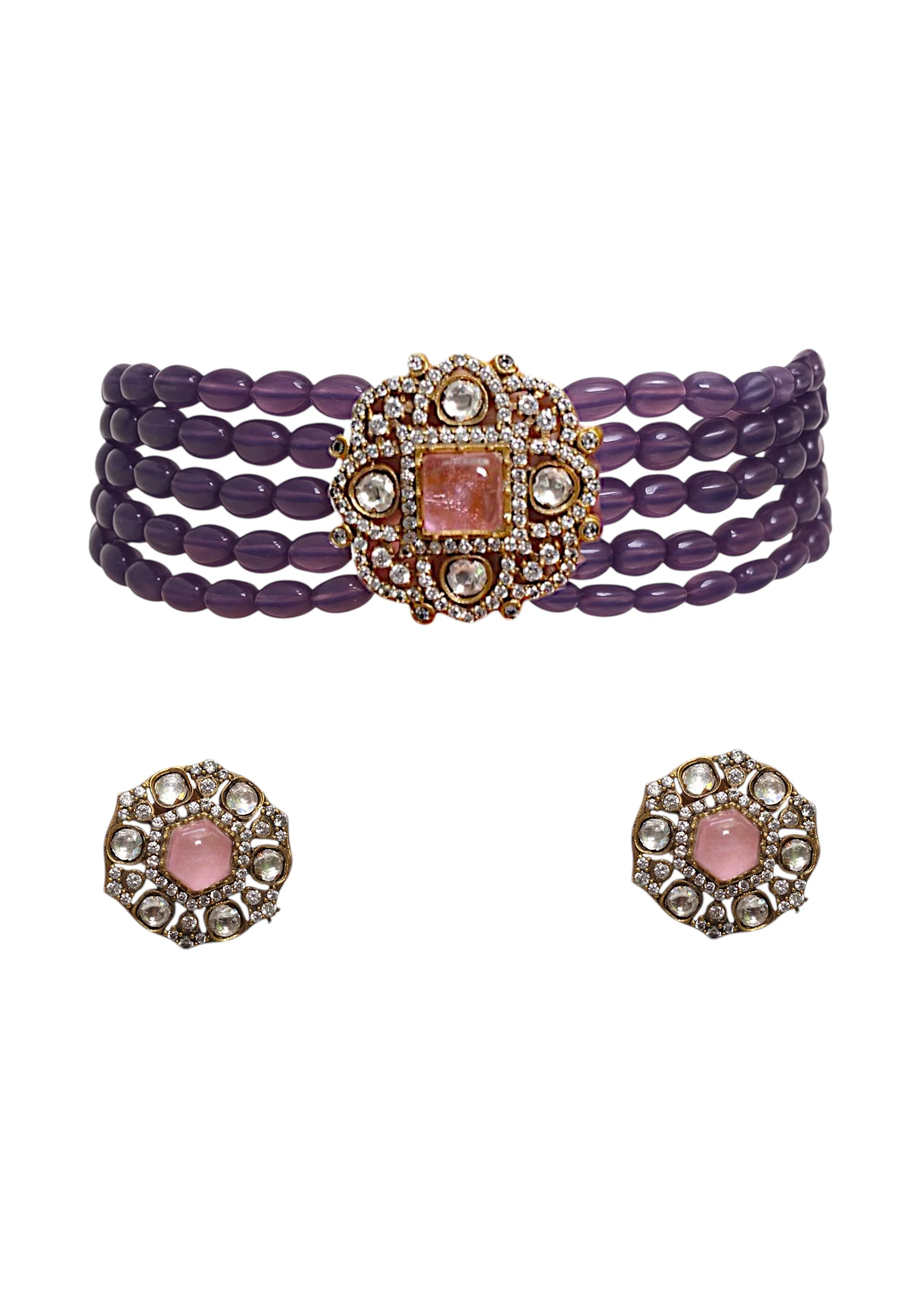 Purple Kundan Layered Necklace and Earring Set - Image 2