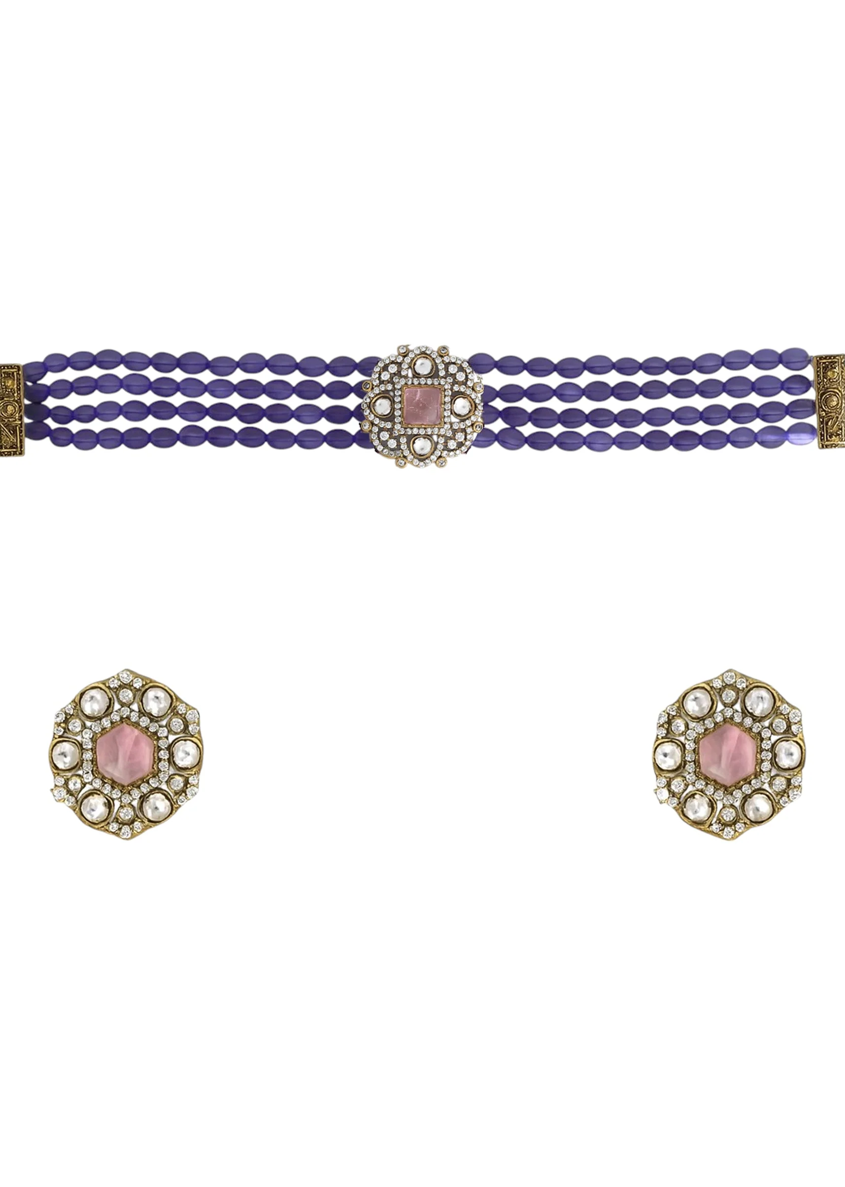 Purple Kundan Layered Necklace and Earring Set - Image 3