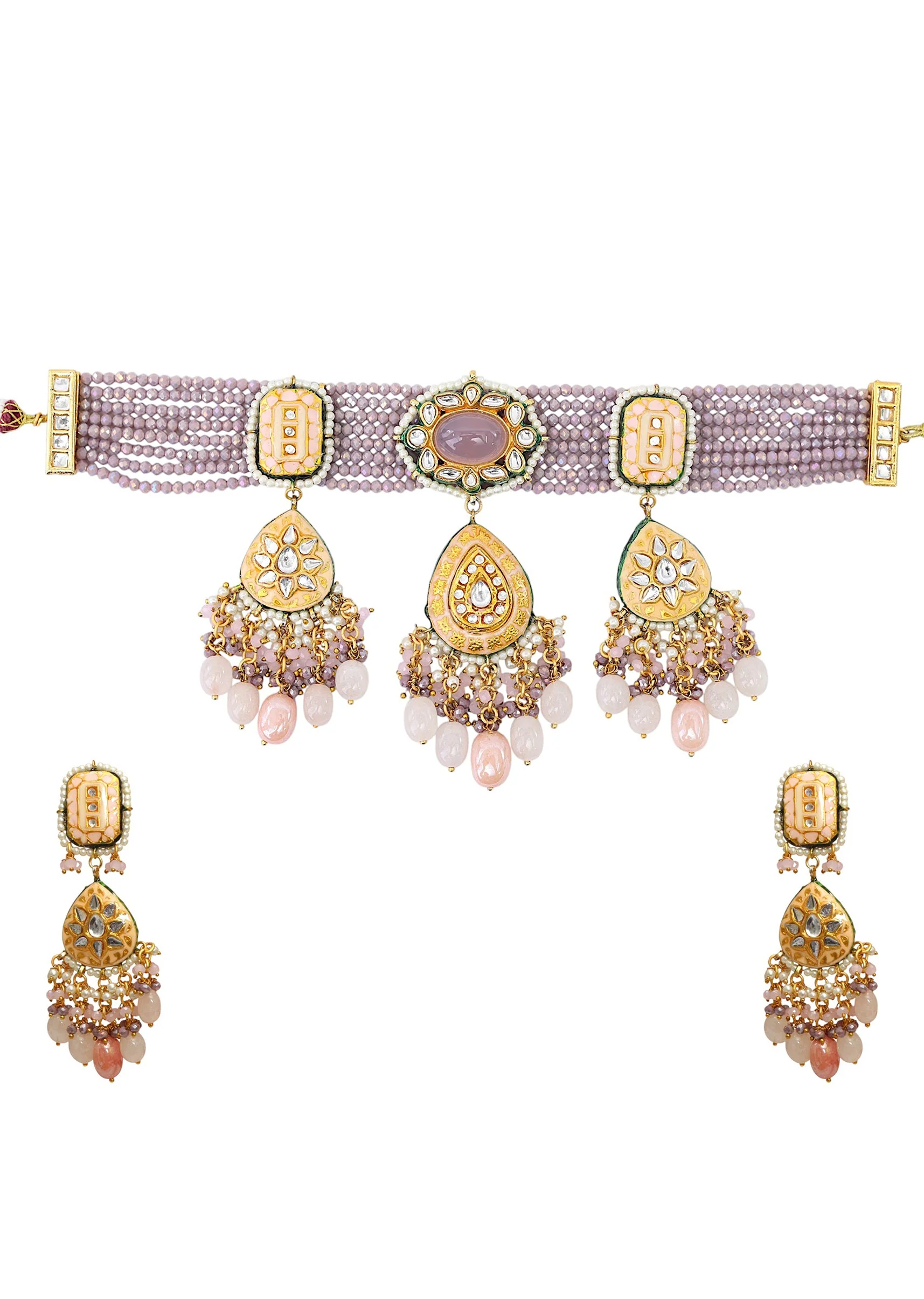 Purple Kundan Layered Necklace And Earring Sets - Image 2