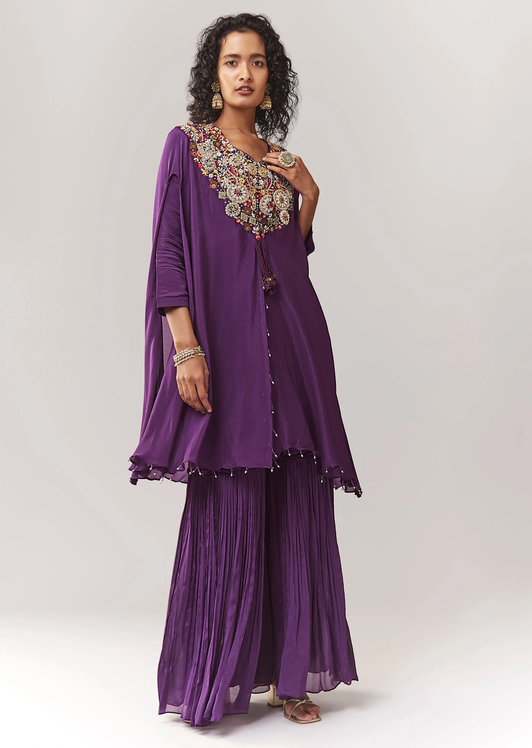 Purple Kurta Cape Sharara Set With Thread And Zardosi Work - Image 5