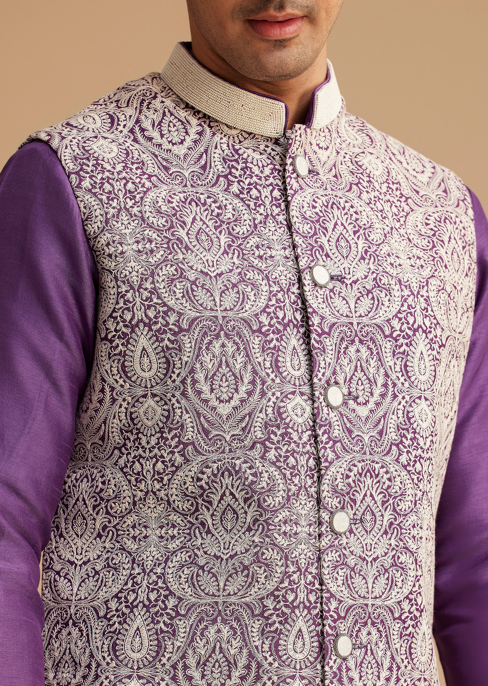 Purple Kurta Jacket Set With Resham Embroidery And Handworked Collar - Image 2