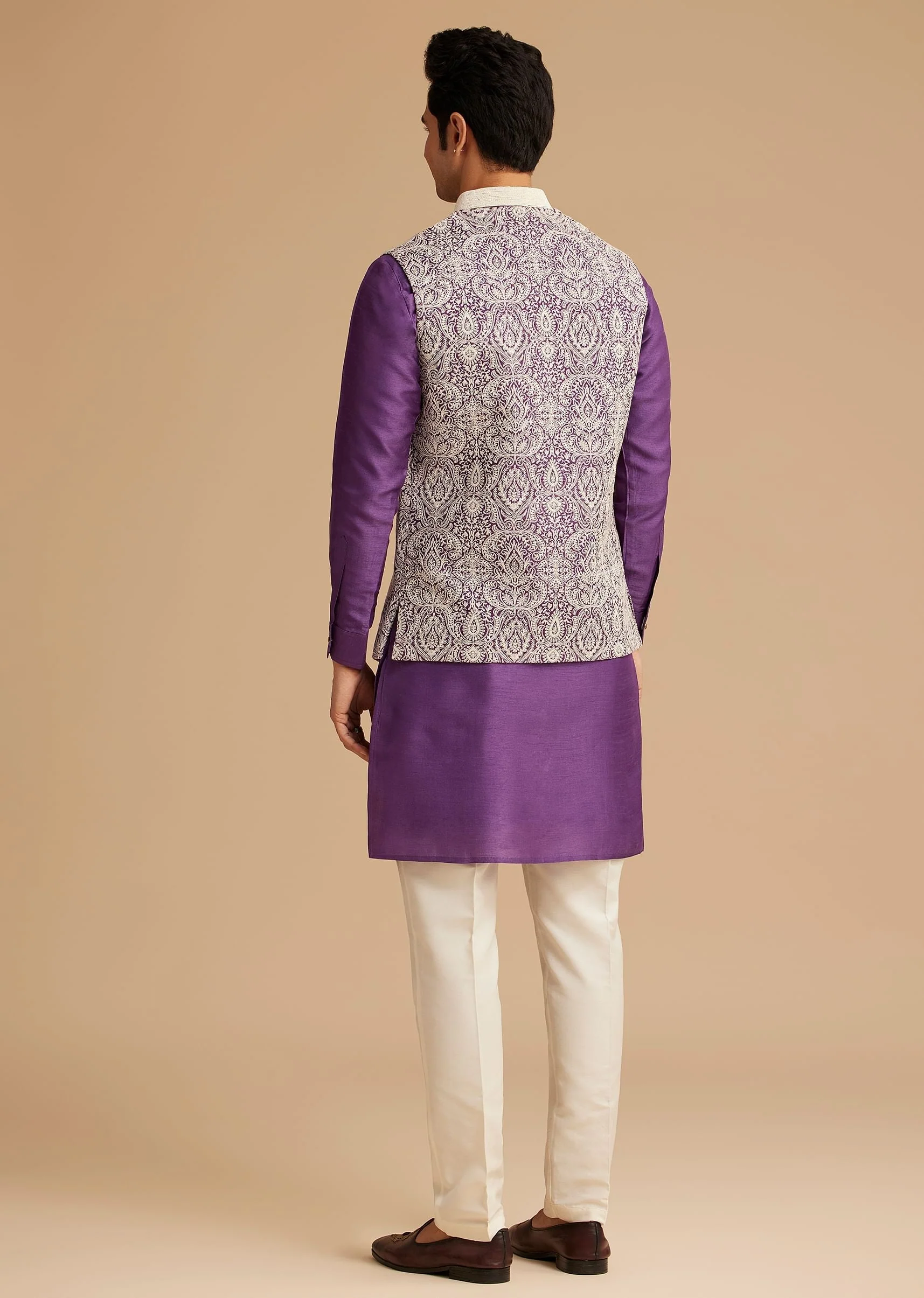 Purple Kurta Jacket Set With Resham Embroidery And Handworked Collar - Image 5